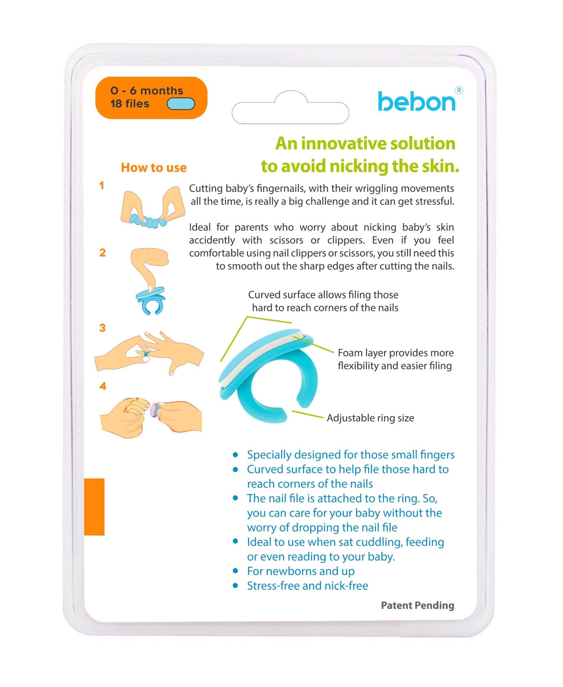 bebon Wearable Baby Nail File with a Ring for Your Finger I Very Useful Baby Nail Care Set for Newborns I 18 Snap-Off Disposable Files/Baby Nail File (0 Months+)