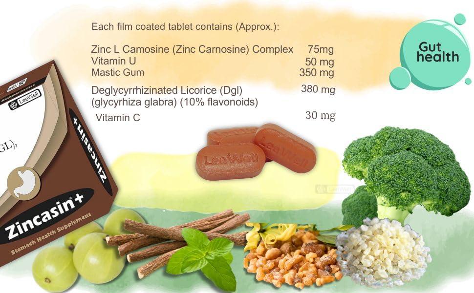 Zincasin zincasin +plus Zinc L carnosine, Vitamin U, DGL Deglycyrrhizinated Licorice Root, Mastic gum Supplements | Gastric Reflux, IBS, H pylori, Bloating, Gut health Support - 60 tablets