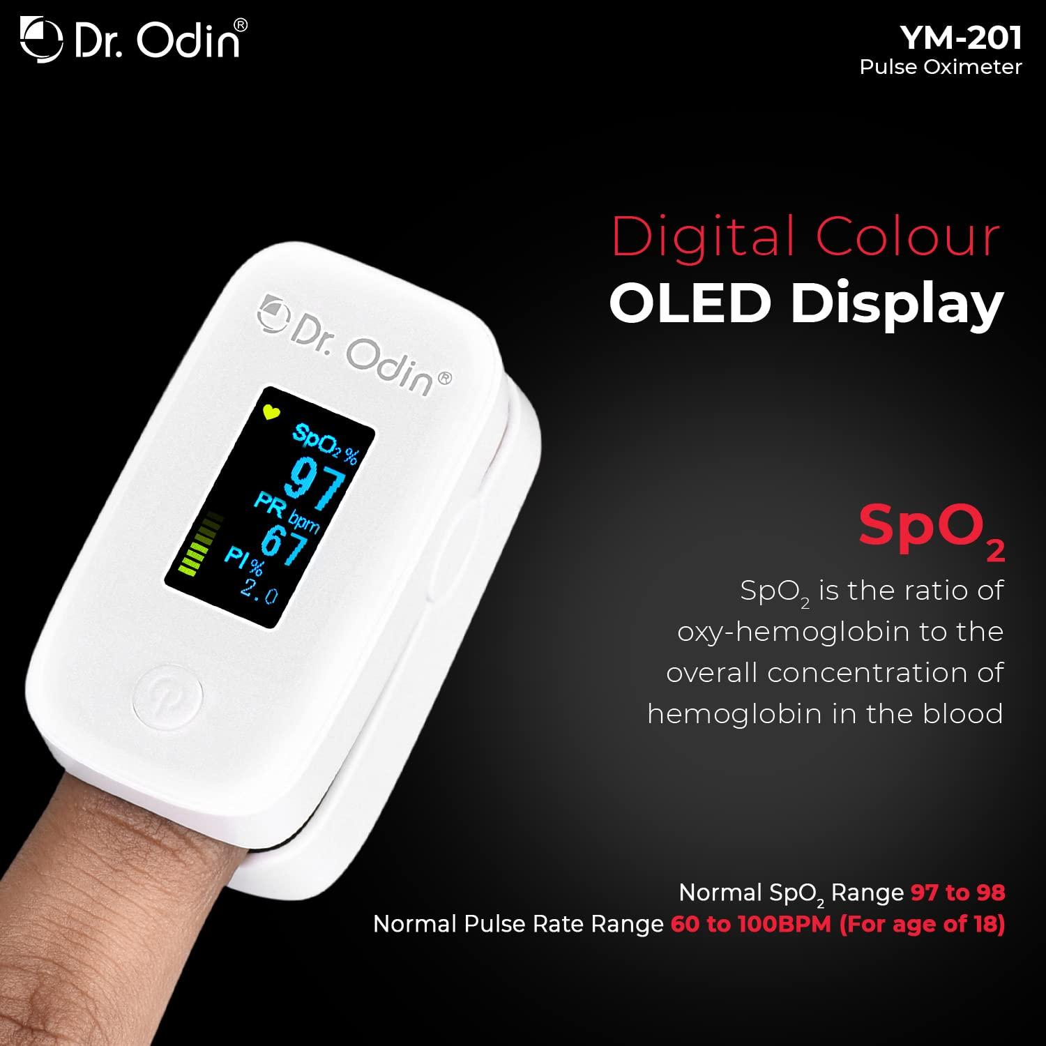 Dr. Odin Dr. Odin YM-201 Fingertip Pulse Oximeter with LED Display and Auto Power Off, Perfusion Index and SpO2 (White, 1 Year Warranty)