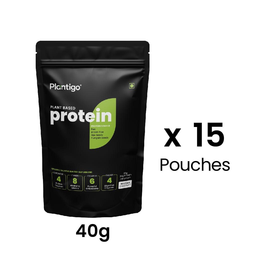 PLANTIGO Plantigo Brazilian Chocolate Flavored Vegan Protein Powder 40g | Pack of 15 x 40g Pouches | Pack with 20+ Premium Ingredients