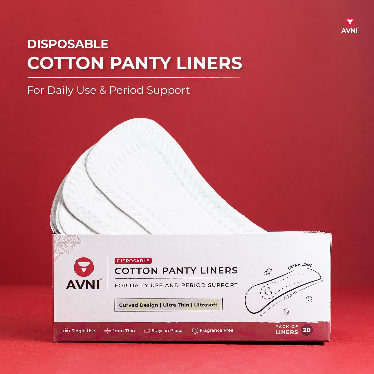 Avni Avni - Disposable Cotton Panty Liner | 20 count (Pack of 4) | 24 Hours Protection | Extra Long Coverage | Ultra Thin Layer | Anti - Slip Curved Design | MultiPurpose Use