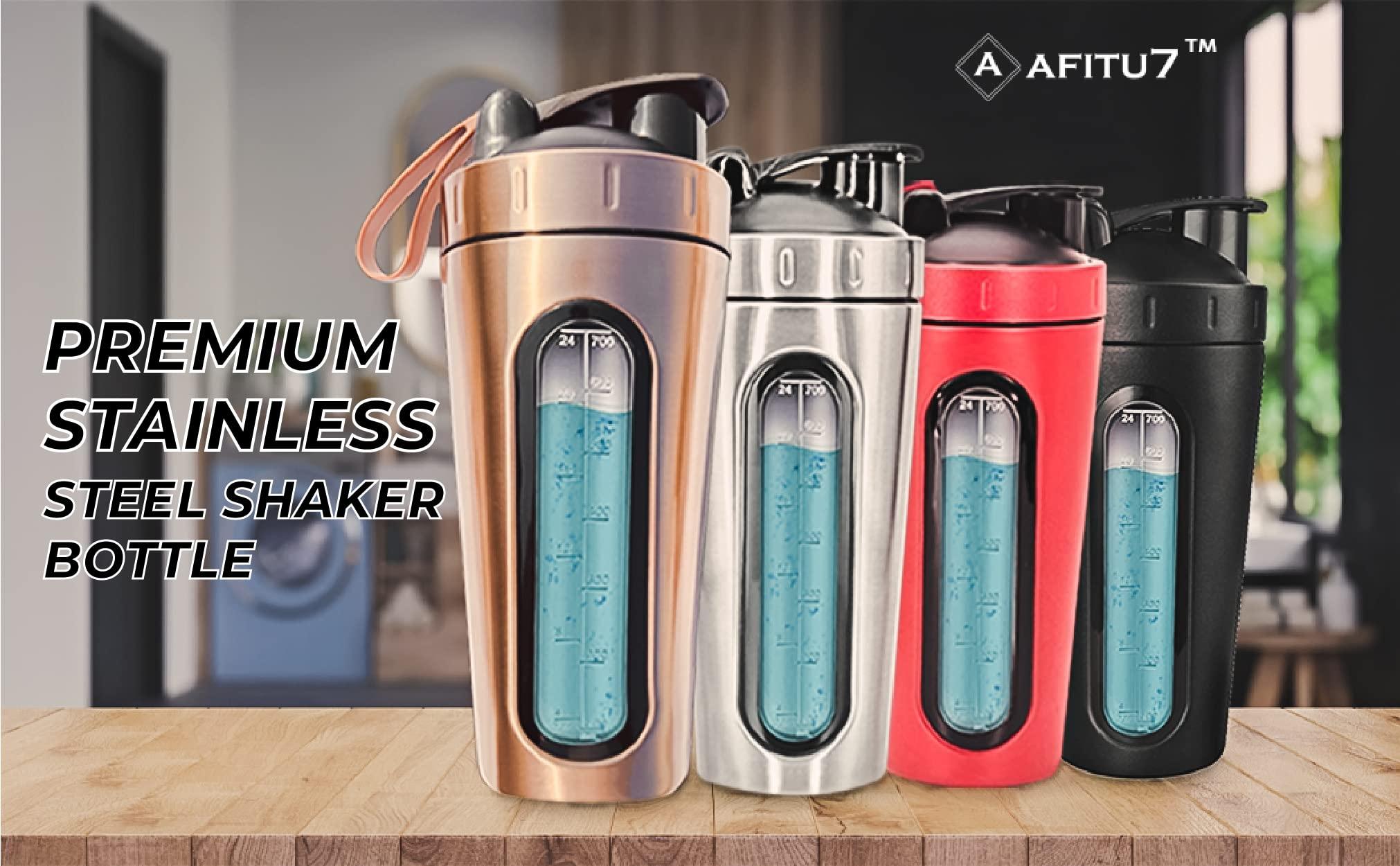 AFITU7 AFITU7 Stainless Steel Protein Shaker Bottle 750 ml, 100% Odorless & Leak-Proof Guarantee, Pre Workout and BCAAs, BPA Free Material Shaker Bottle + Mixing Ball (Red)
