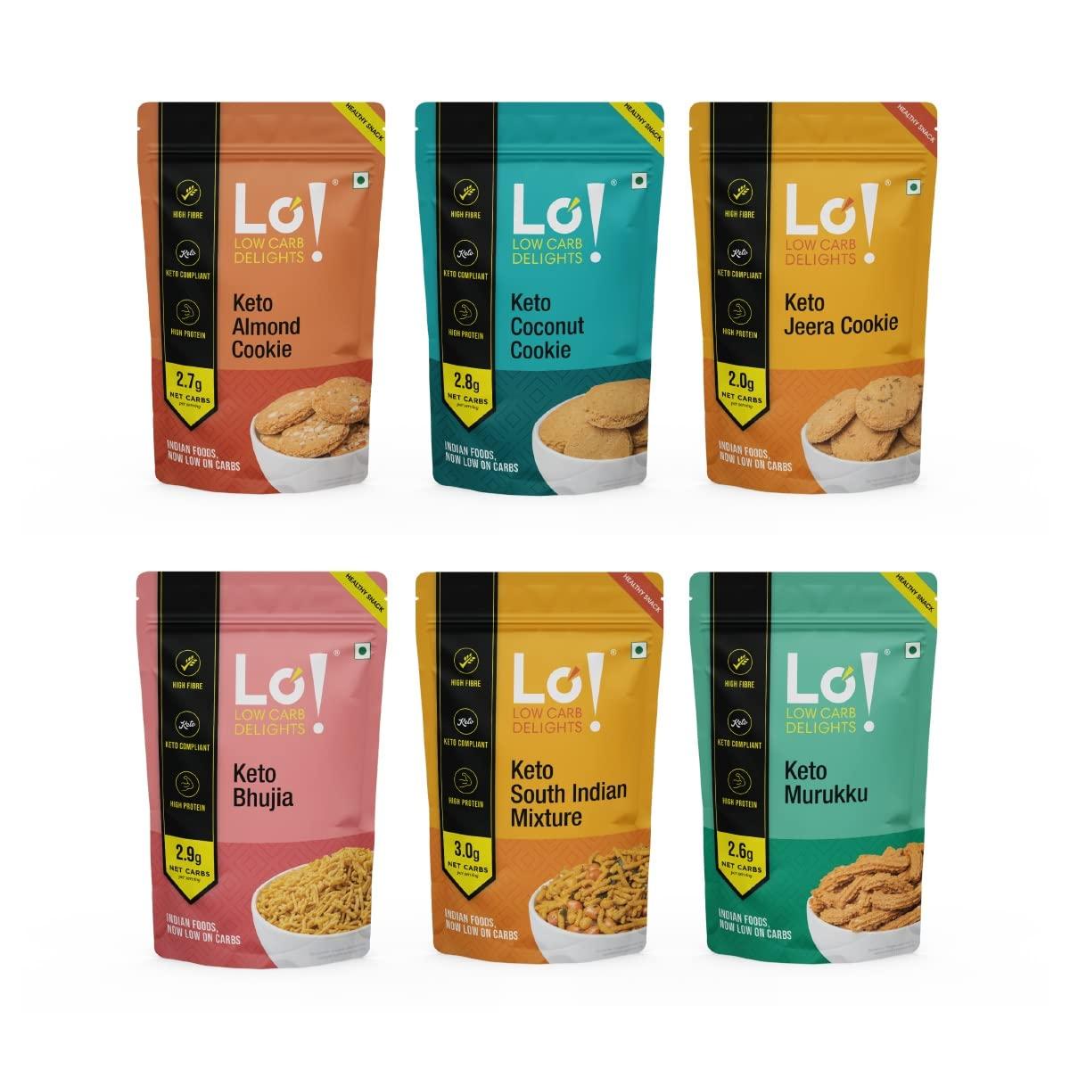 Lo! Low Carb Delights Lo! Foods - Keto Snacks Combo | Pack of 6 Delicious Keto Namkeen & Keto Cookies for Keto Diet | Superfood Low Carb Snack | Diet Snacks Food | Sugarfree Cookies - (200g x Pack of 6)