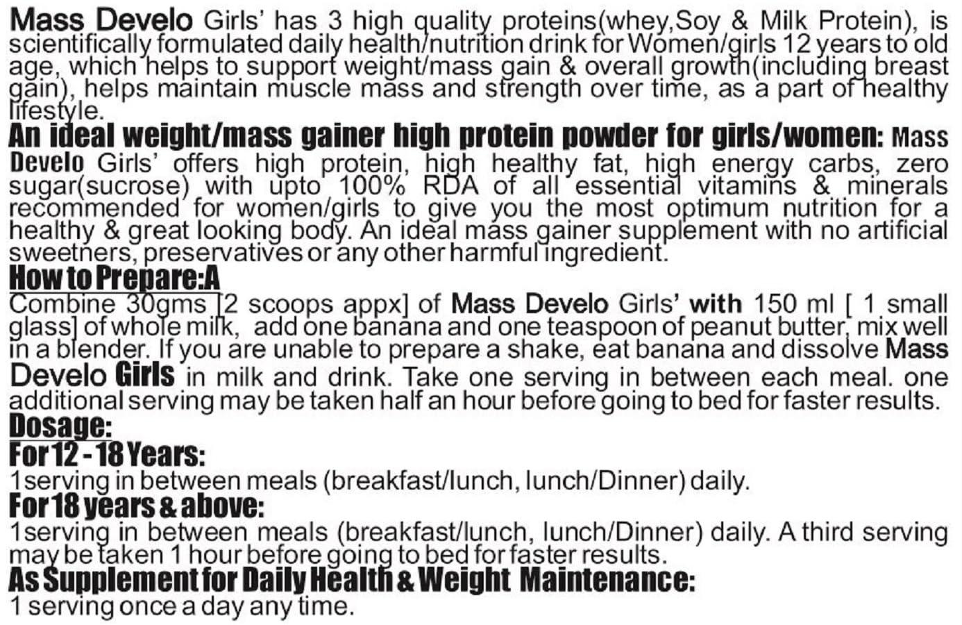 DEVELO Develo Weight Mass Gainer Protein Shake Powder for Fast Gain in women girls, Nutrition Food Supplement, Protein Supplement with Natural Fat Energy I 27 Vitamins & Minerals I 500gm Vanilla Flavour