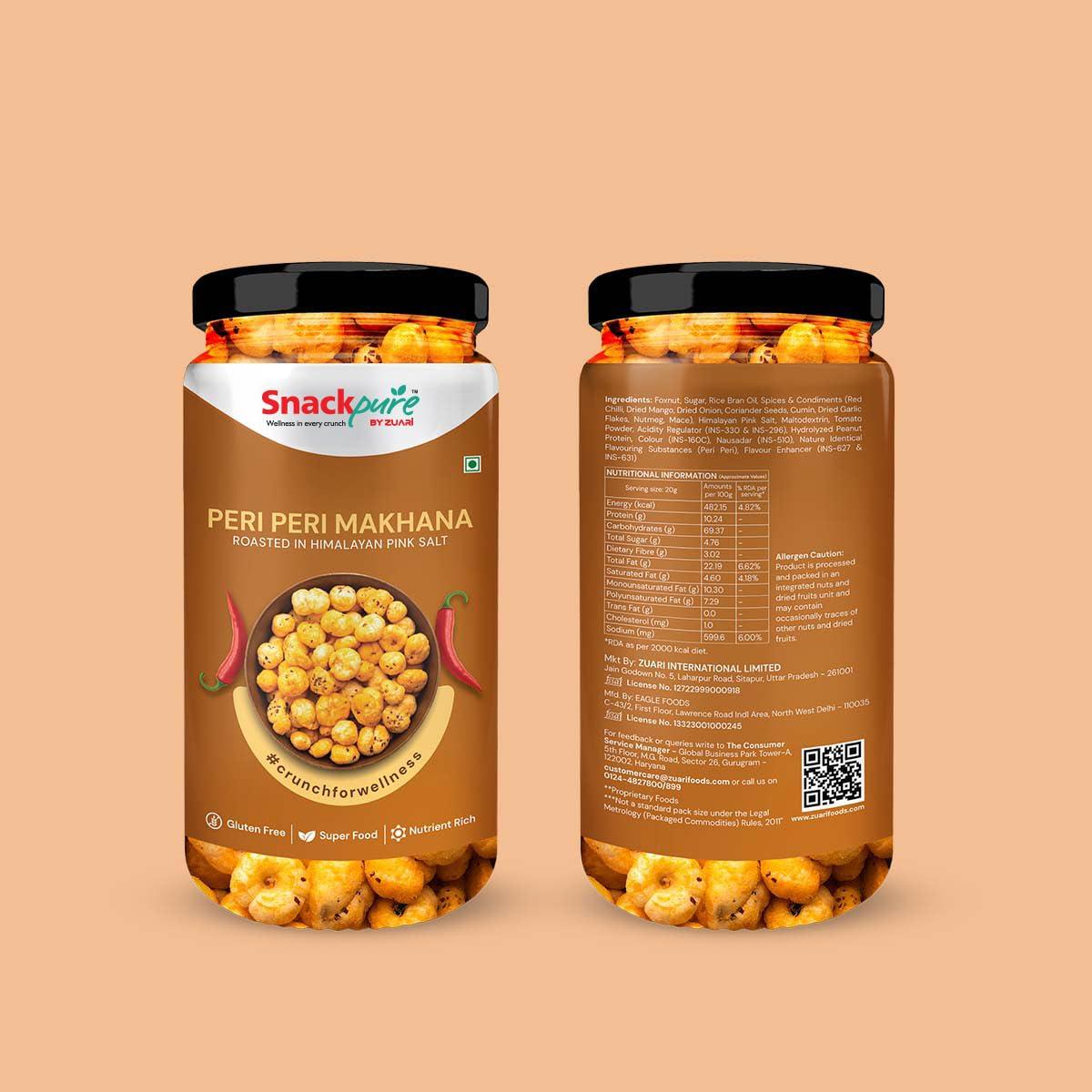 SNACKPURE BY ZUARI wellness in every crunch Snackpure Peri Peri Roasted Makhana | Healthy Puffed Snack | Gluten-Free Superfood | Nutrient-Rich Foxnut, Trans-Fat-Free, Delicious, and Nutritious Snack | 150g (Pack of 2, 75g Each)