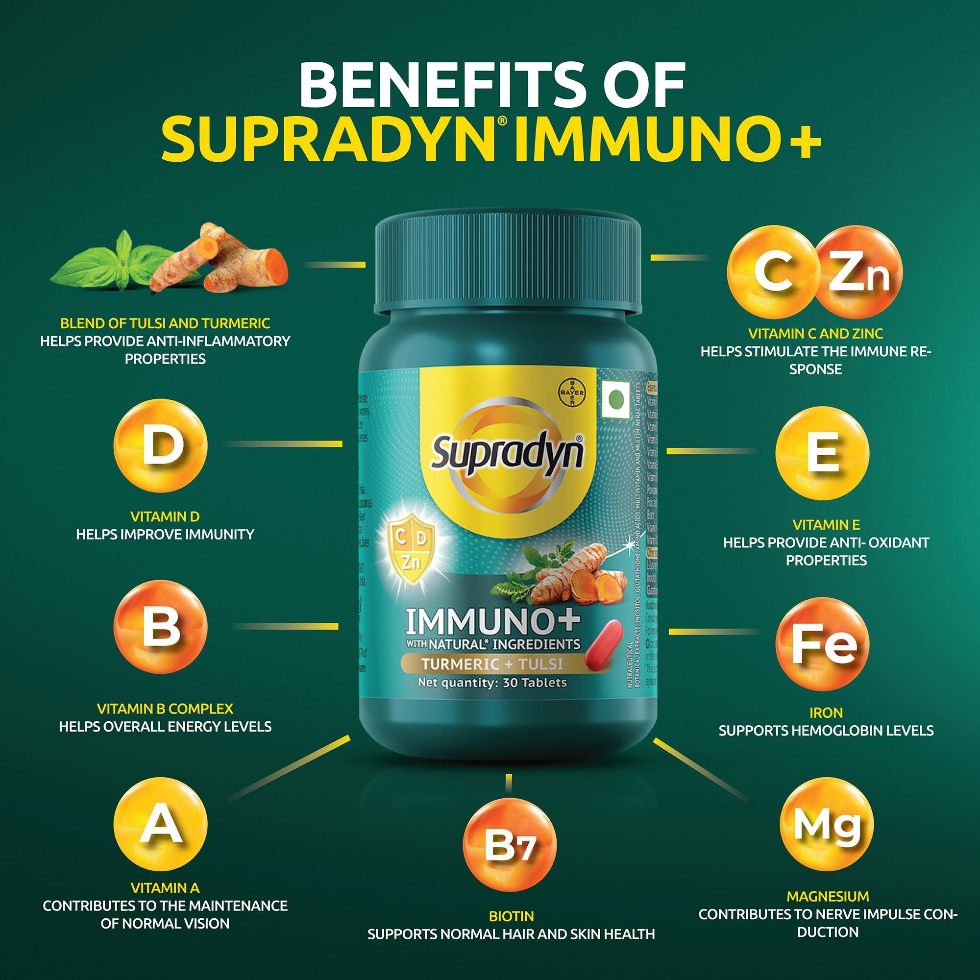 Supradyn Supradyn Immuno +, Multivitamin, Natural immunity booster with Vit C, Vit D, Zinc, Unique blend of Tulsi, Turmeric, Shatavari & Ashoka (Pack Of 3)
