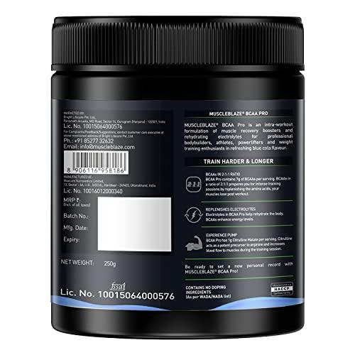 MuscleBlaze MuscleBlaze BCAA Pro, Powerful Intra Workout, with 7g Vegan BCAAs, 1169 mg Electrolytes, 1 g Citrulline (Blue Cola, 250 g, 20 Servings)