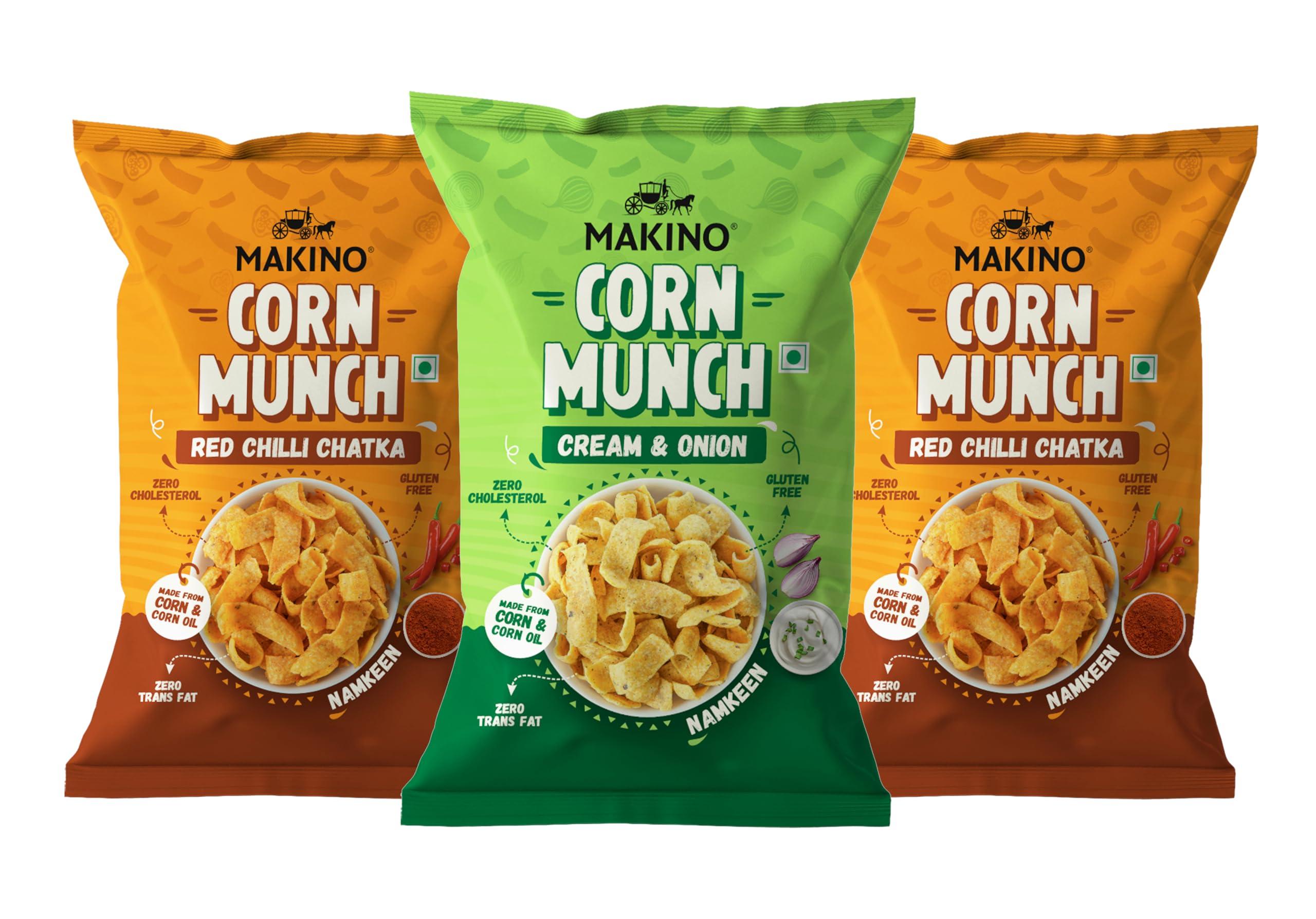 Makino Makino Assorted Corn Munch (Cream & Onion, Red Chilli Chatka)(Each 150 gm)(Pack of 3)
