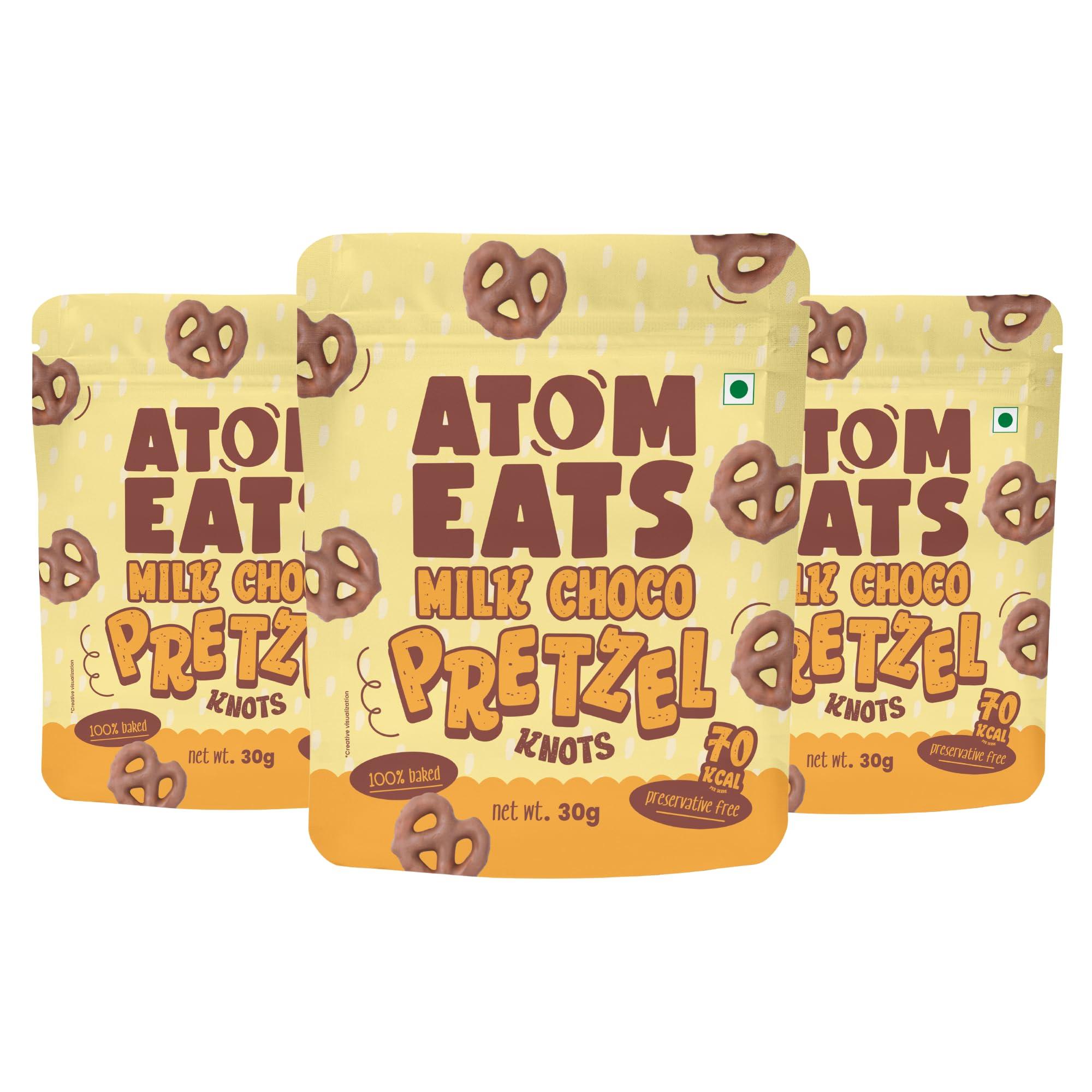 Atom Eats Atom Eats | Milk Choco Dipped Pretzels: Choco Dipped Mini Salted Pretzel Knots 100g - Rich Milk Chocolate - Perfect Snacks for Sharing, Parties - Imported Chocolates, Versatile Delight