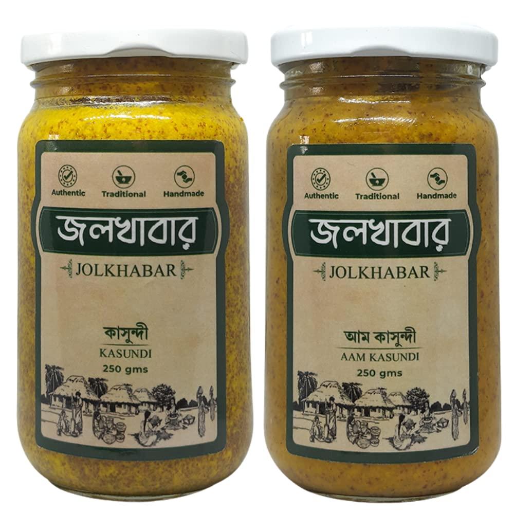 JOLKHABAR JOLKHABAR | Kasundi & Aam Kasundi Combo Pack - Original Bengali Kasundi - Original Bengali Kasundi & Aam Kasundi - Mustard Sauce n Mango Mustard Sauce - Grandmother's Recipe - 250gms X 2