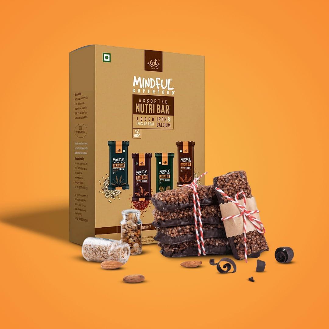 Mindful Eat Anytime Mindful Healthy Assorted Millet Energy Bar | Gluten Free & High Fiber | Energy Bar Sugar Free| Healthy Bar & Breakfast Protein Bar | Millet Bar/Energy Bar-300gm (12pcs of 25gm)
