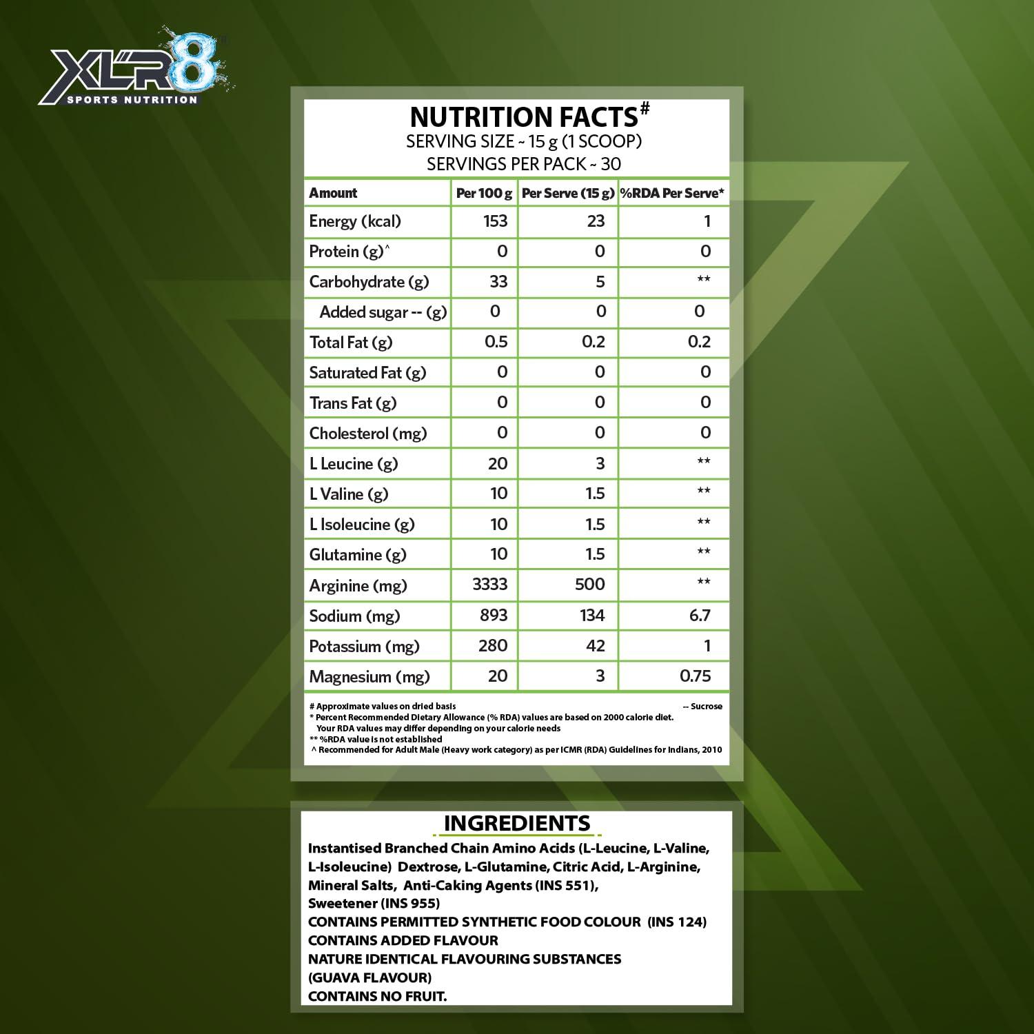 XLR8 XLR8 BCAA++ Powder Supplement 2:1:1 with Vegan Instantised BCAA 5000mg,1500mg Glutamine, 500mg Arginine &180 Electrolytes (450 g (Pack of 1, Guava)