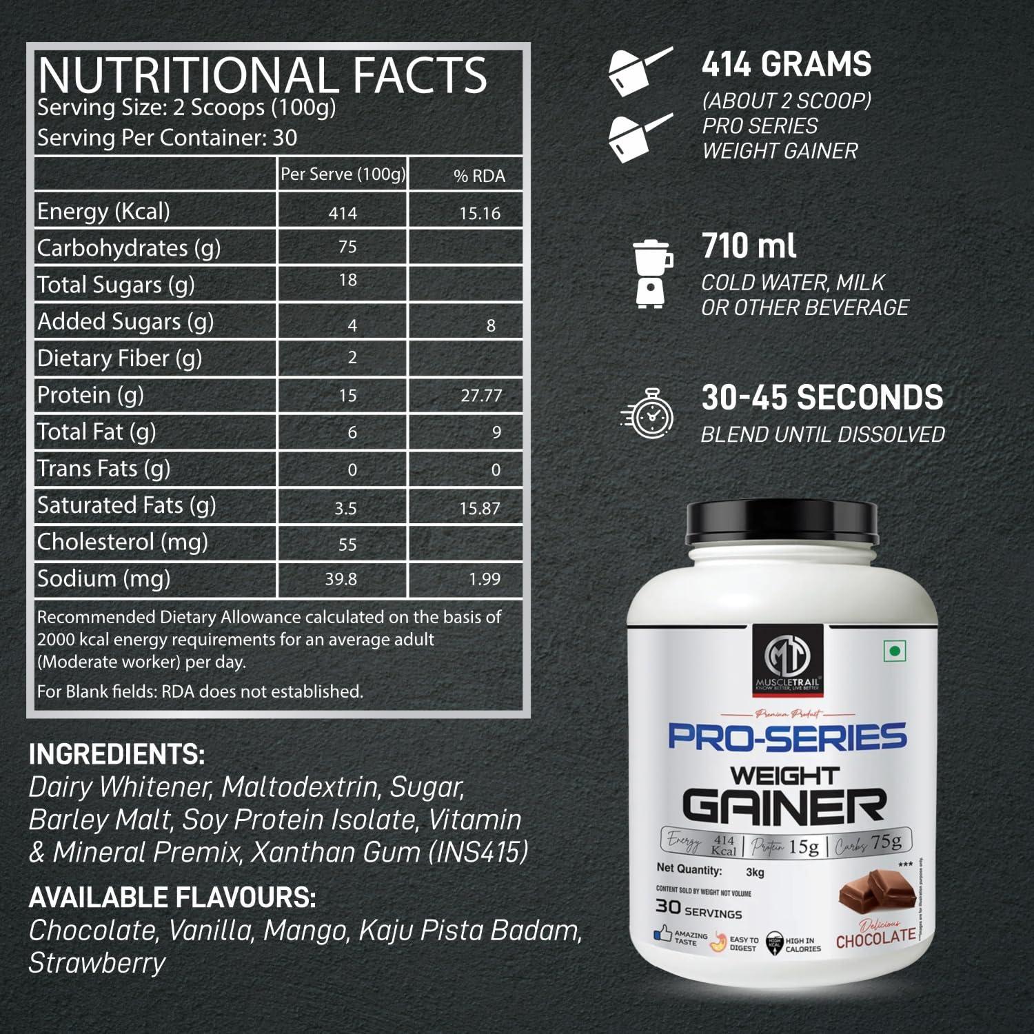 MUSCLETRAIL MuscleTrail Pro Series Weight Gainer Powder | Kaju Pista Badam (3kg) | 15g Protein, 414 Calories, 75g Carbs, High in CaloriesforWeightgain