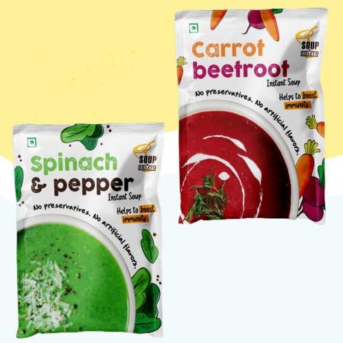 SOUP N SHAKES SOUP N SHAKES Spinach Pepper Soup And Carrot Beetroot Soup Packets, Healthy Natural Ready To Cook Vegetable Soup Mix Powder, Pack of 10 (120 GR)