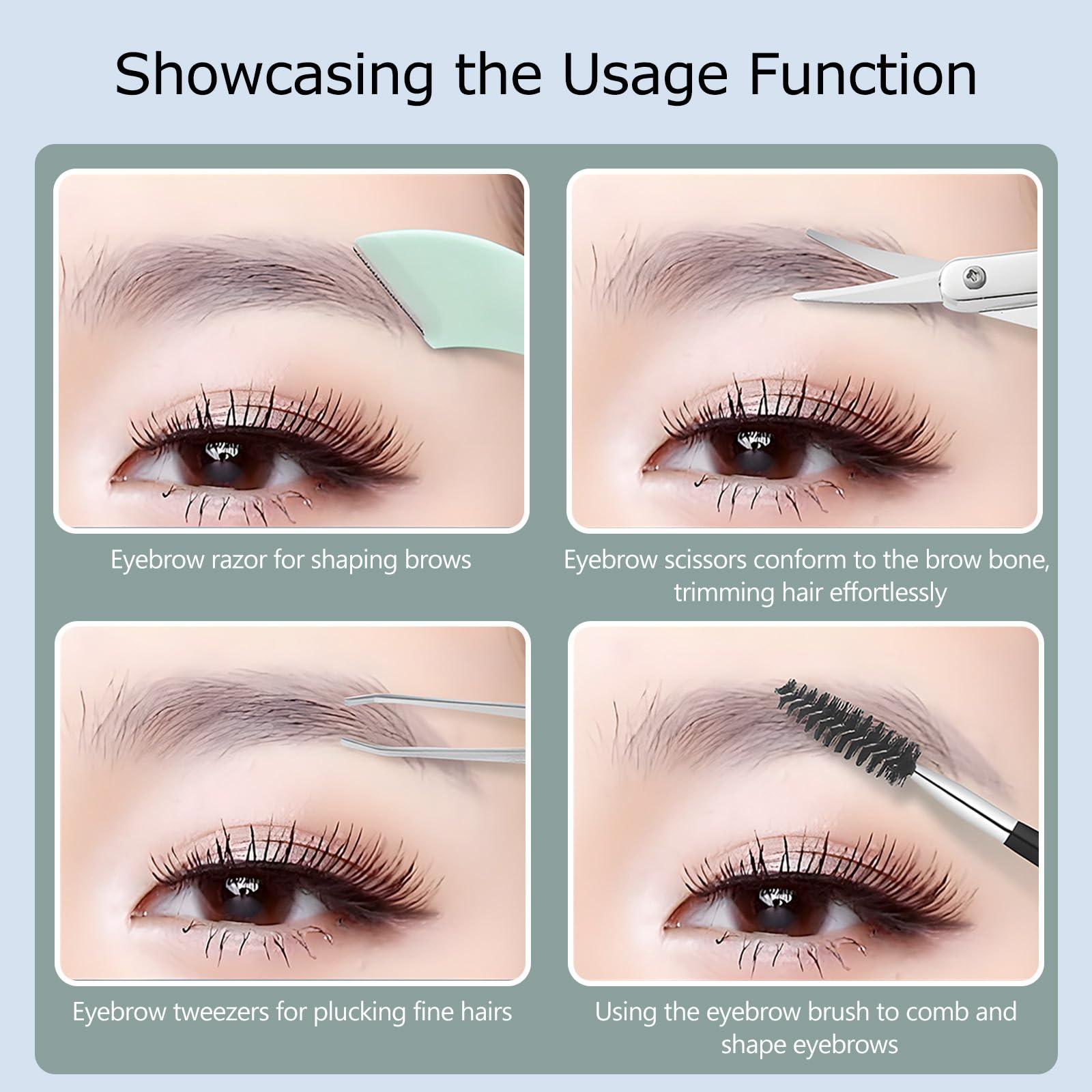 Kootinn Eyebrow Trimmer Kit, 5 in 1 Eyebrow Scissors, Eyebrow Razor, Tweezer, Brush and Mirrors for Women with leather carry around bag (Green)