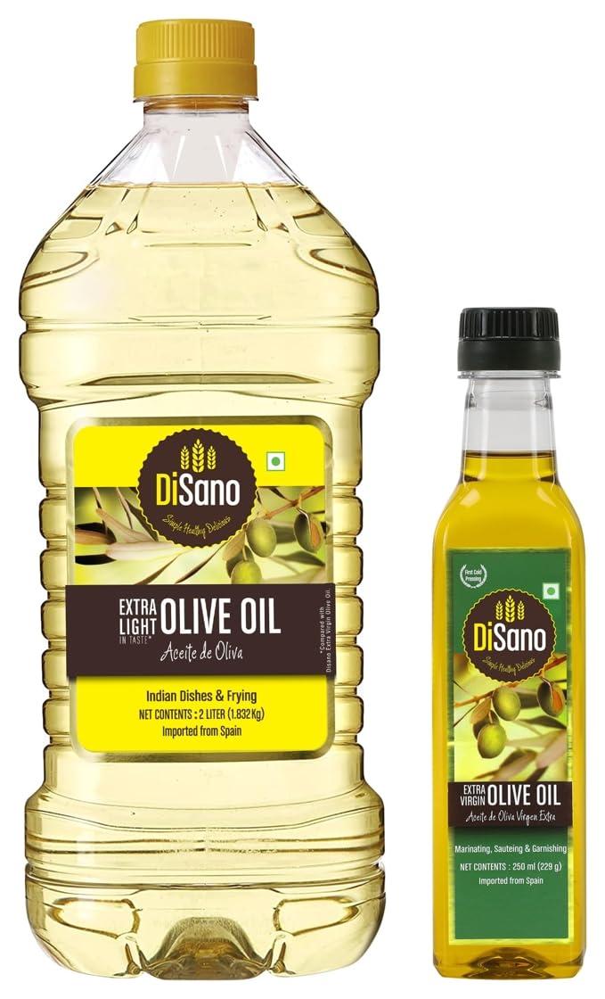 DISANO DiSano Extra Light Olive Oil, Indian dishes and frying, 2L & DiSano Extra Virgin Olive Oil, First Cold Pressed, 250ml Material : vegetarian