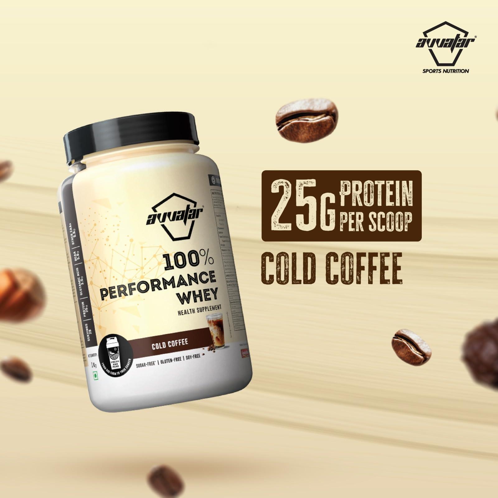 avvatar avvatar PERFORMANCE WHEY PROTEIN | 1KG | Cold Coffee Flavour | 22g Protein | 28 Servings