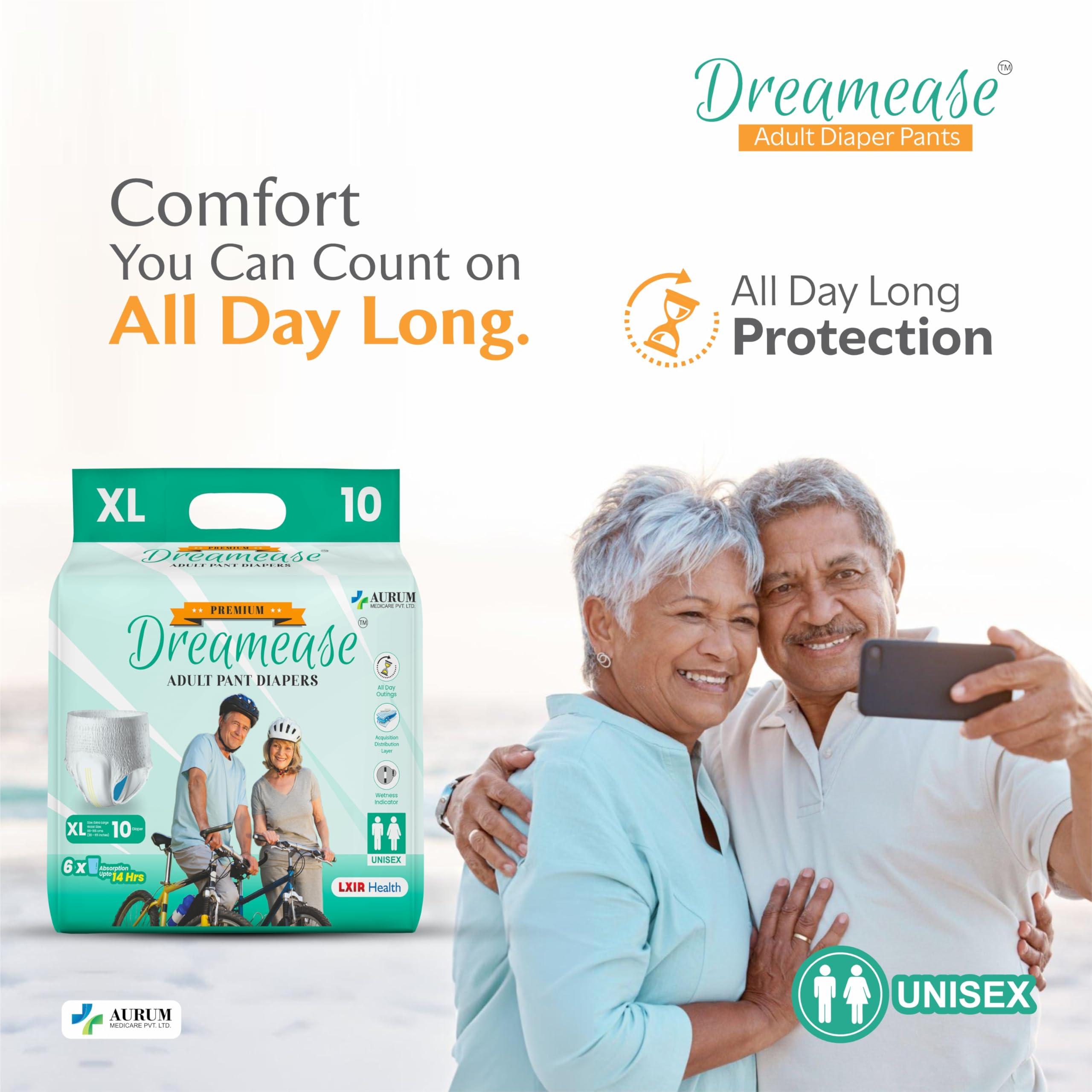 Dreamease Dreamease Adult Diapers Pants Style | Medium Size (M) Waist (61-115 Cm | 24-45) | 6X Super Absorbency Upto 14 Hrs | Unisex with Wetness Indicator | 10 Units. (XL)
