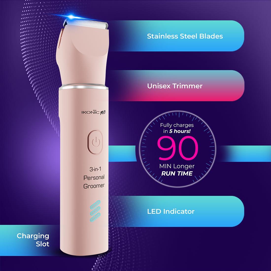 IKONIC Ikonic Unisex 3-in-1 Personal Body Groomer with Stainless Steel Blades, Fully Charges in 5 hours with 90 Mins Runtime. 500Mah Battrey, LED Light Indicator, Waterproof, Unisex Hair Trimmer for Sensitive Areas, Nose & Ear, Coral