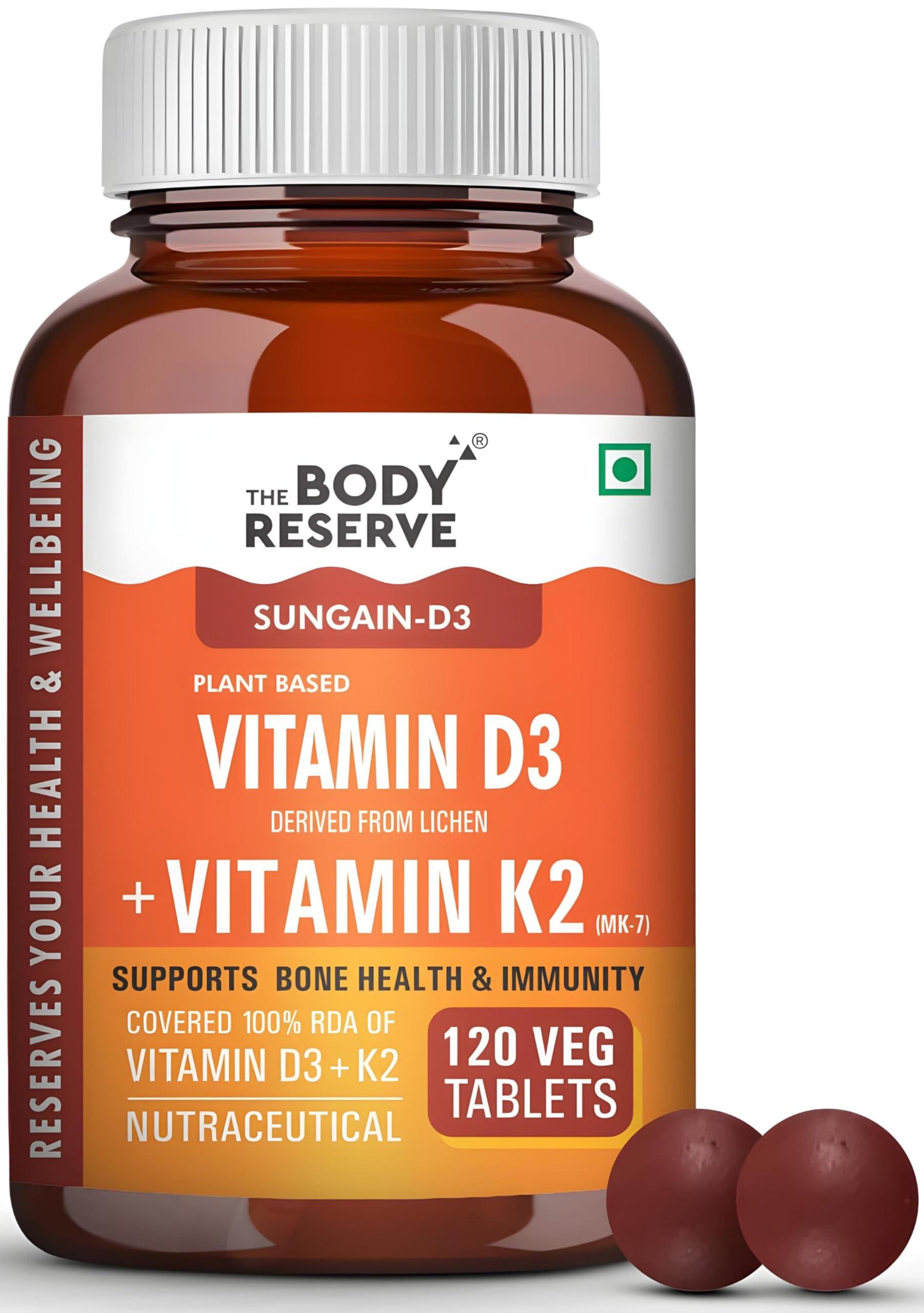 The Body Reserve The Body Reserve Vitamin D3 K2 MK7-120 Veg Tablets, 100% RDA Plant-Based Vitamin D3 Supplement from Lichen Source with Vitamin K2 as MK7 Menaquinone
