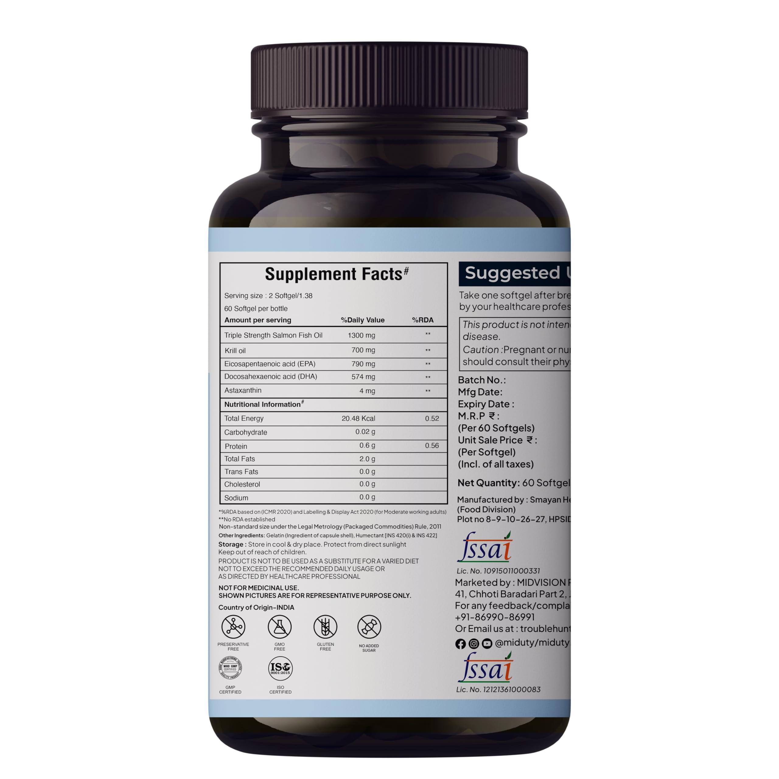 Palak Notes Miduty Palak Notes Antarctic Fish Krill Oil - Triple Strength Omega 3 Capsule With Astaxanthin- Antioxidant - EPA & DHA - For Joints - Heart - Liver Krill Omega 3 Supplement 60 Softgel