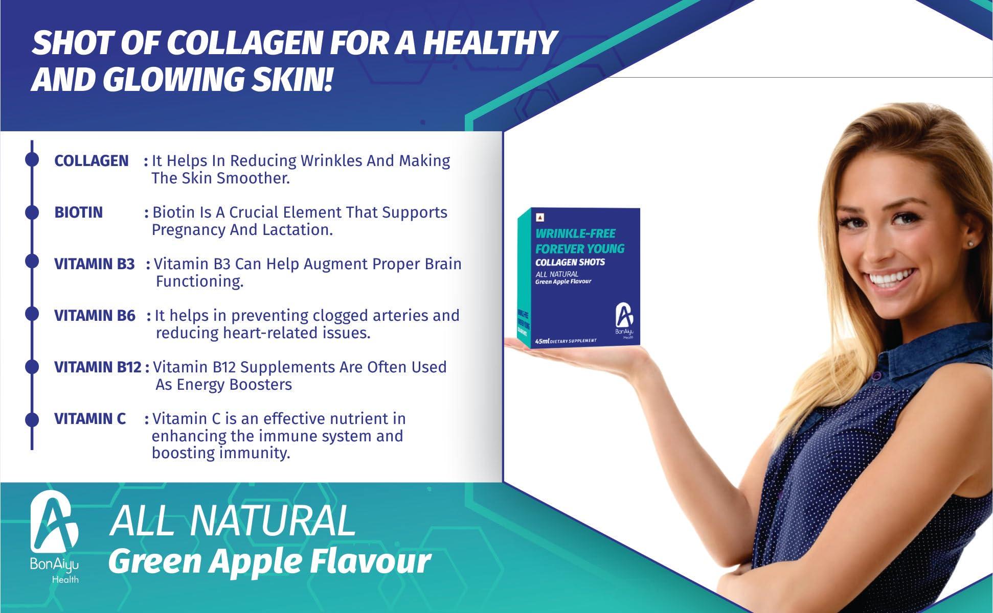 BonAyu BonAiyu WRINKLE-FREE FOREVER YOUNG COLLAGEN SHOTS All Natural (Green Apple Flavour) | With Vitamin C & Biotin | Promotes Healthy & Glowing Skin, Hair & Nails | Sugar Free for Women / Men | 45ml Each (Pack Of 6 Pet Bottles)
