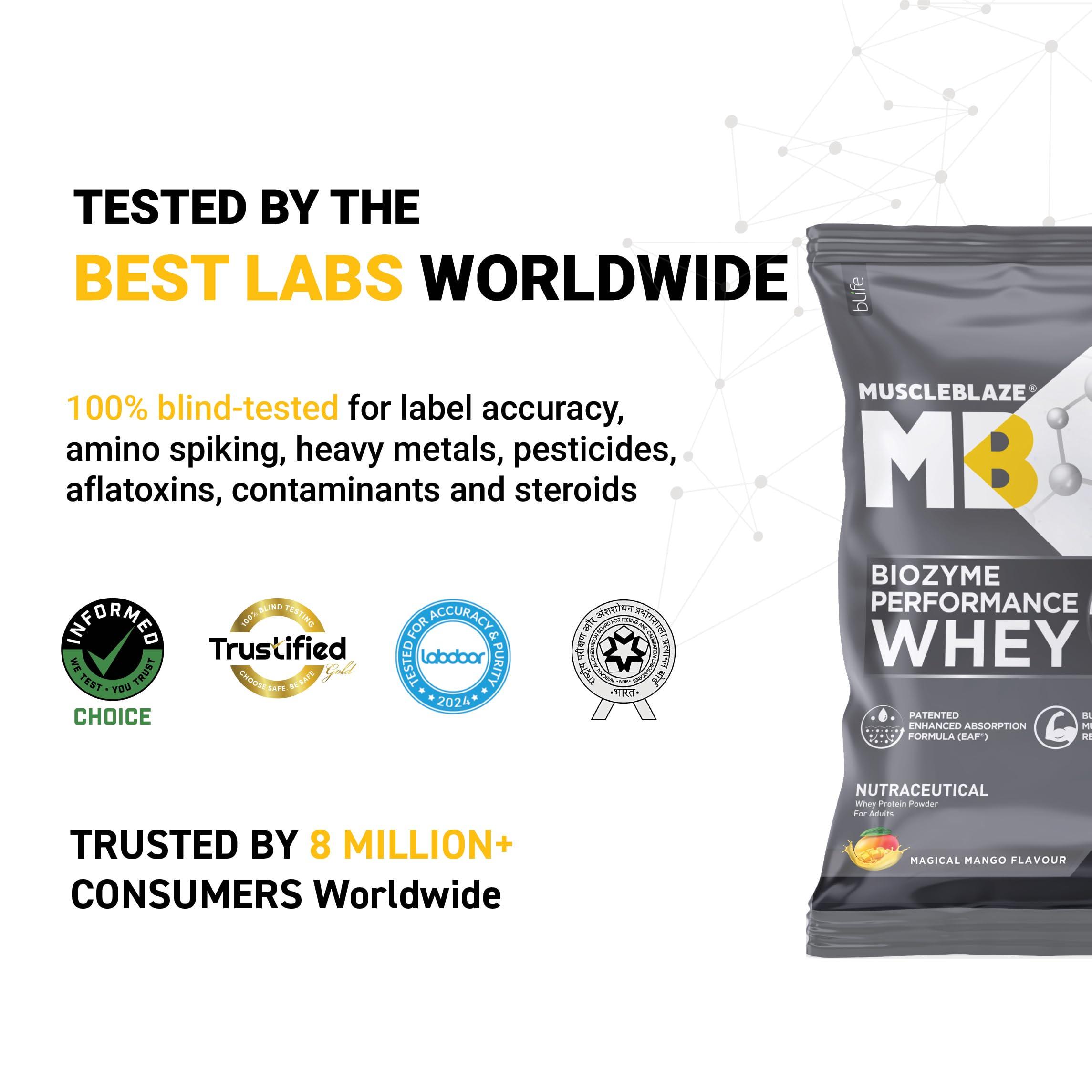 MuscleBlaze MuscleBlaze Biozyme Performance Whey Protein 5 Sachet Travel Pack (5x36g) | Magical Mango | Clinically Tested 50% Higher Protein Absorption, Informed Choice UK Certified & US Patent Published EAF
