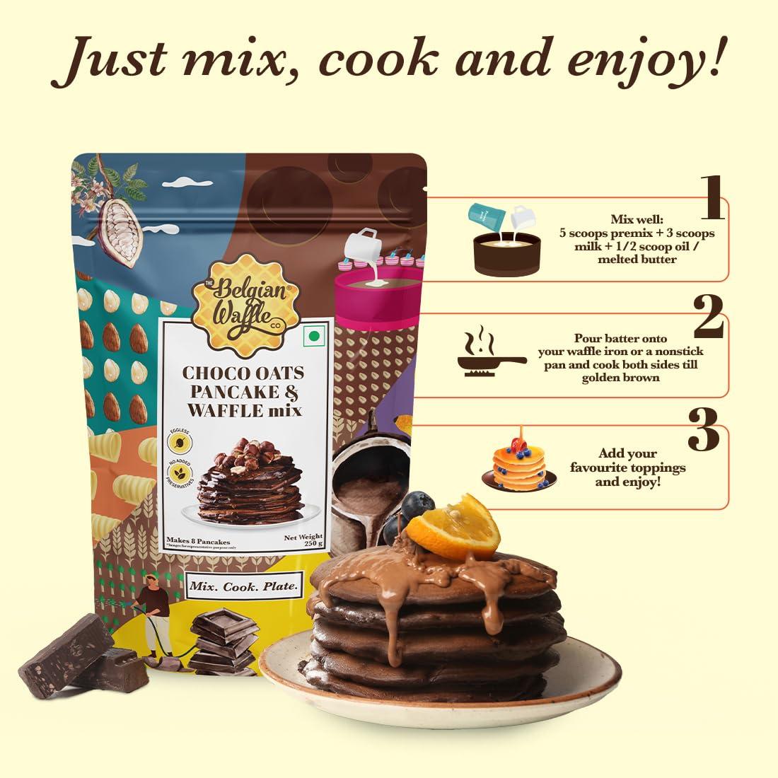 The Belgian Waffle Co The Belgian Waffle Co Chocolate Oats Pancake & Waffle Premix, 100% Vegetarian & Eggless, No Added Preservatives and Organic Non Refined Sugar, Instant Breakfast Mix - 250gm (9 Pancakes Each,Pack of 3)