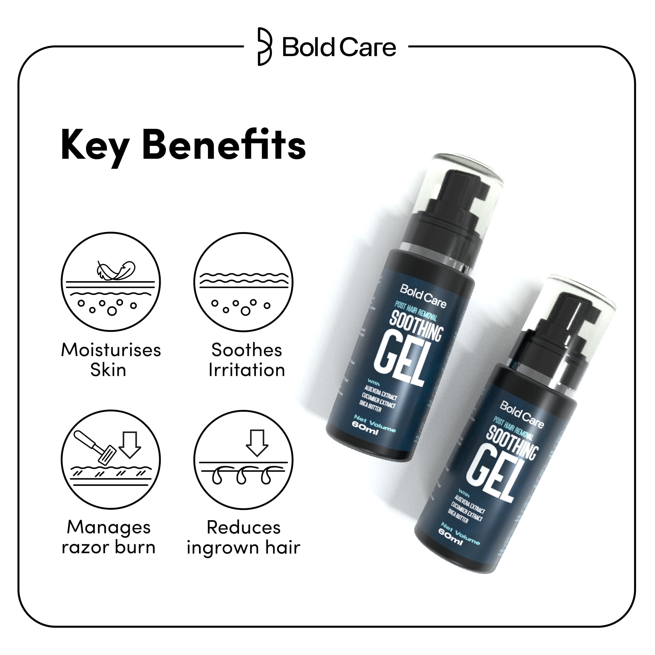 Bold Care Bold Care Post Hair Removal Soothing Gel for Men | Reduces ingrown hair & razor bumps | Soothes irritated skin | Contains Aloe Vera & Shea Butter | Use after shaving & hair removal (60 ml)
