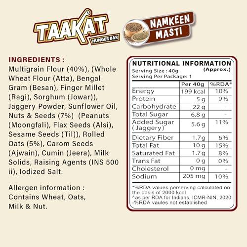 Taakat Hunger Bar Taakat Hunger Bar |Namkeen Masti - Pack of 20 bars | Multigrain | Nuts & Seeds | Pure Jaggery | 5g Protein | No Maida | No Palm Oil | No Refined Sugar | Baked & Crunchy