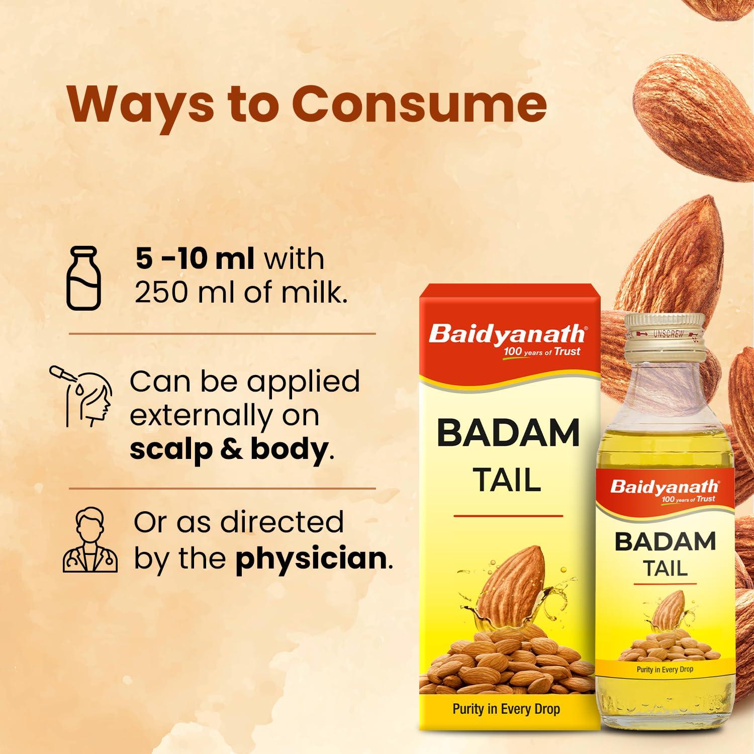Baidyanath Baidyanath Badam Tail-100ml, Rich in Vitamin-E | Sweet Almond Oil for Healthy Hair & Glowing Skin | Helps & Improve Digestion | Naturally Sourced From Almonds (Pack of 1)