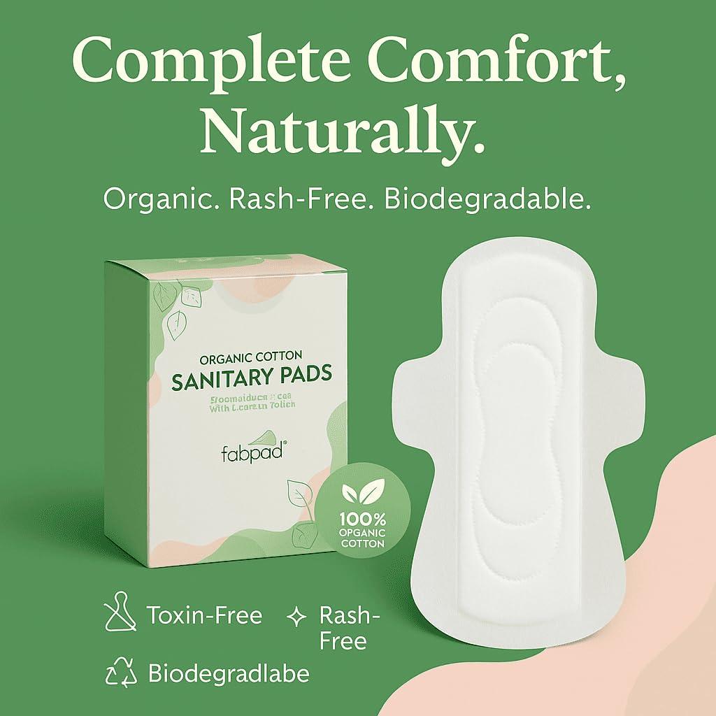 FabPad FabPad Organic Cotton Ultra Thin Rash Free Biodegradable Eco-Friendly Sanitary Pads Period Napkins with Disposable Cover (Medium Flow, Pack of 12)