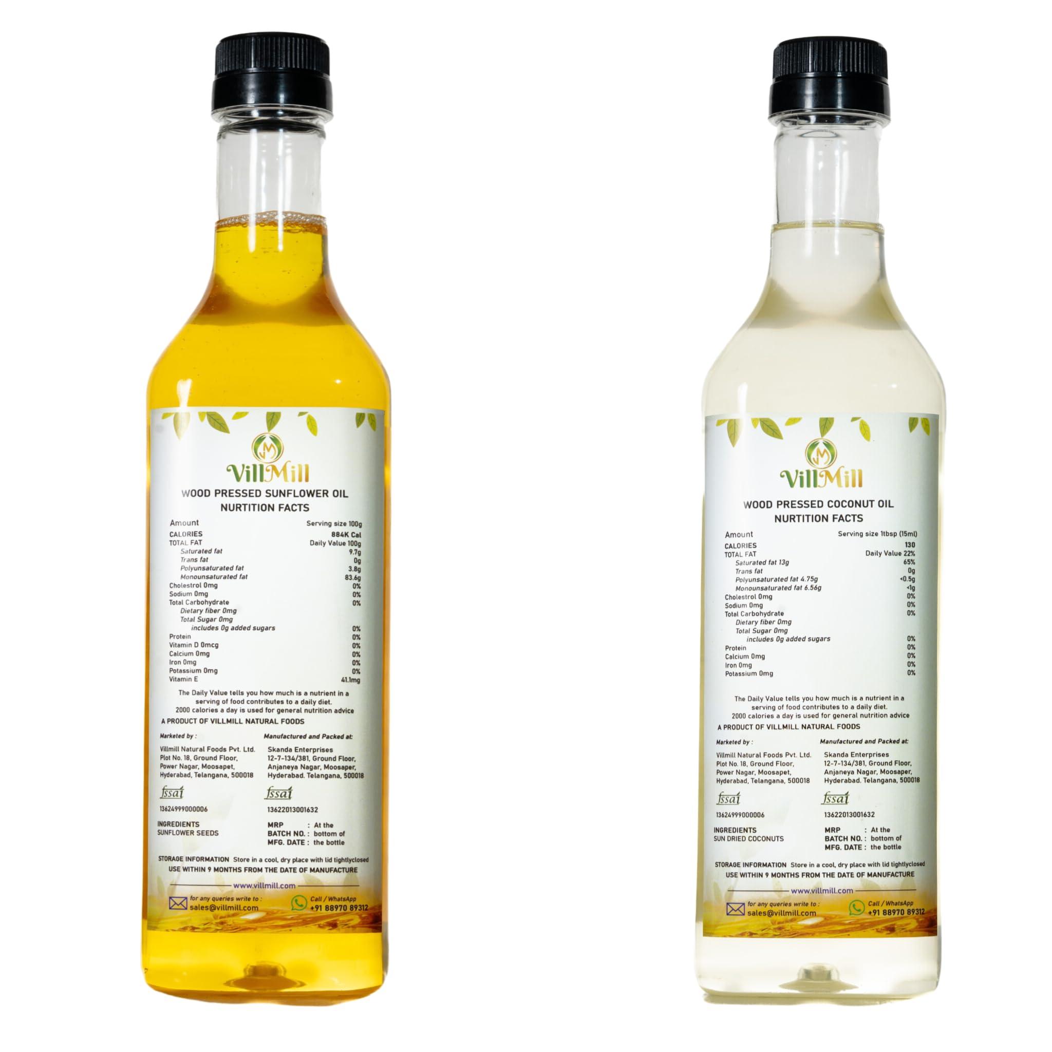 VILLMILL Villmill Woodpressed Coconut Oil & Sunflower Oil Combo - 1 Liter, Premium Cold-Pressed, Non-GMO, Pure & Natural Oils for Cooking & Skin Care