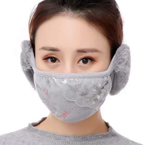 Madhavi Madhavi Girl's and Boys' Warm Winter Face Mask with Plush Ear MufF_Pack Of 02,Ligh Pink|Grey