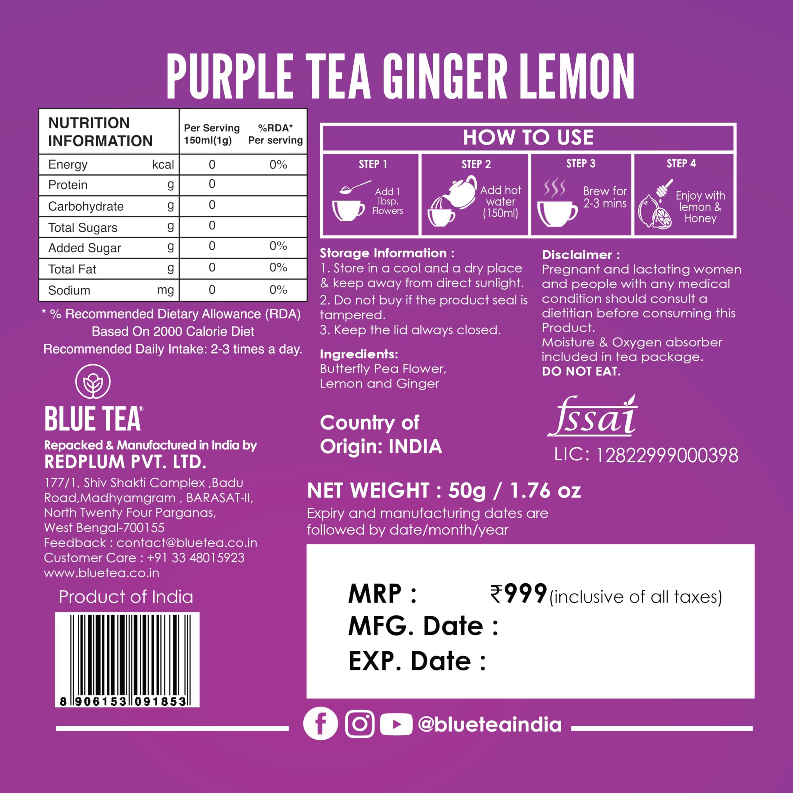 BLUE TEA BLUE TEA - Purple Tea -Loose - 50 gm (50 Cups) | GIFTING DELIGHT | Flower Based - Detox Tea - Non-Bitter - Herbal Tea - Caffeine Free - Vegan - Gluten Free - Non-GMO | Eco-Conscious Tin Packed