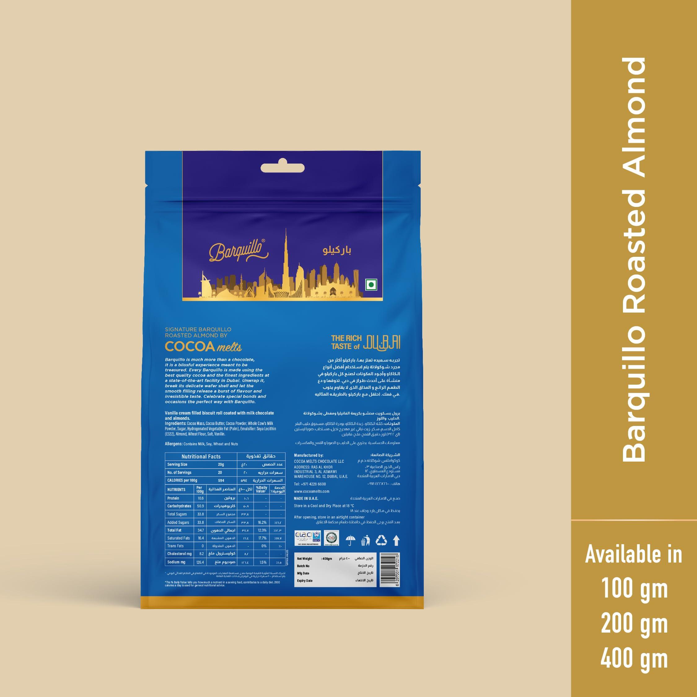 BARQUILLO Barquillo Premium Roasted Almond Coated Chocolate Pouch - 20 Pcs | Vanilla Cream Filled Biscuit Roll imported | Dubai couverture taste | Raksha bandhan Gift Pack Celebration Independence special