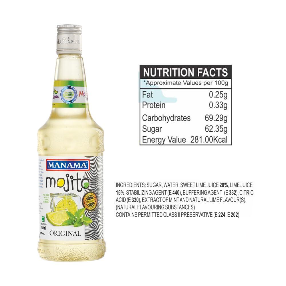 Manama Manama Lime and Mint Mojito Syrup, Blue Curacao Syrup, Pinacolada Syrup and Original Mojito Syrup, 750ML Each, Pack of 4