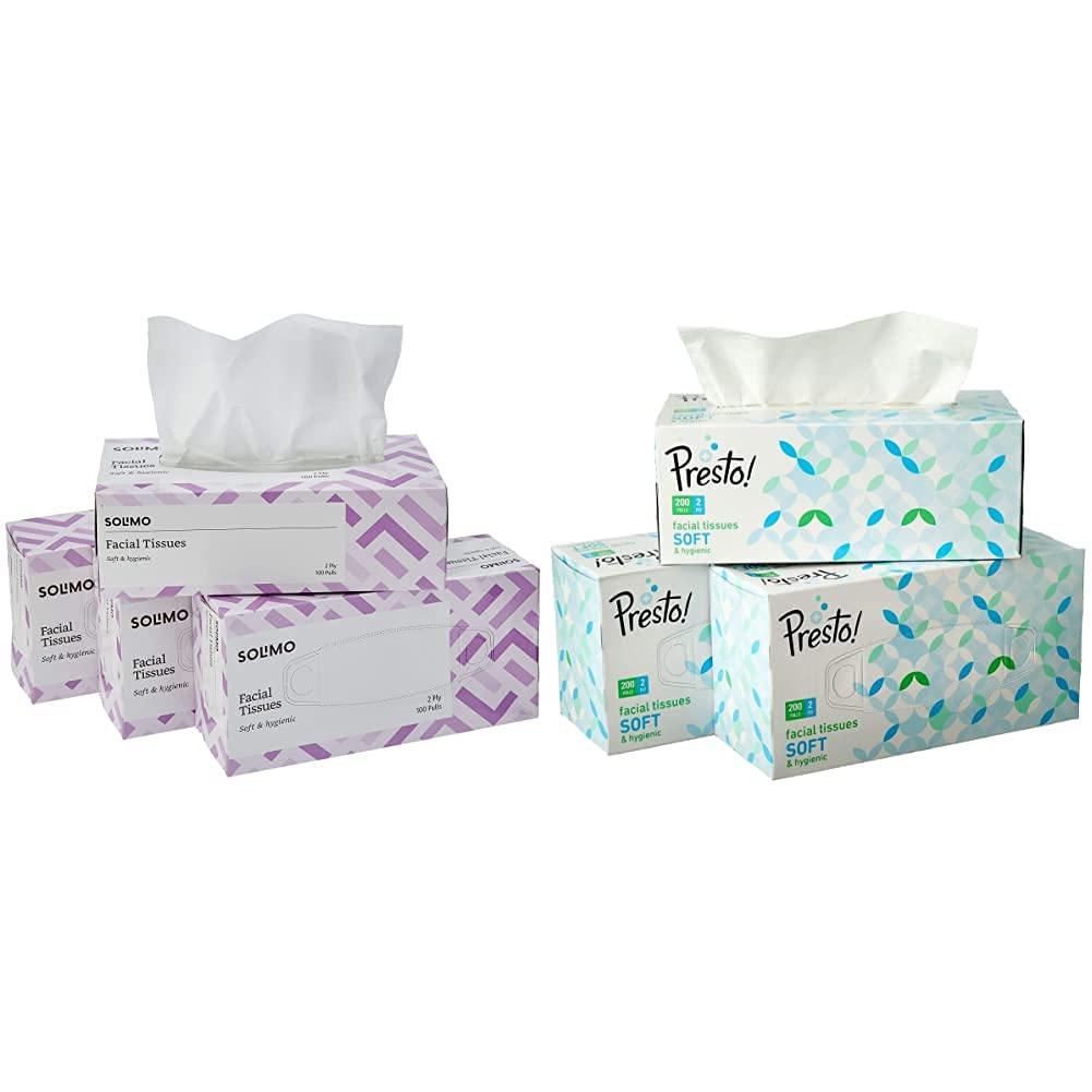 Amazon Brand - Solimo Amazon Brand - Solimo 2 Ply Facial Tissues Carton Box - 100 Pulls (Pack of 4) & Amazon Brand - Presto! 2 Ply Facial Tissue Carton Box - 200 Pulls (Pack of 3) Combo