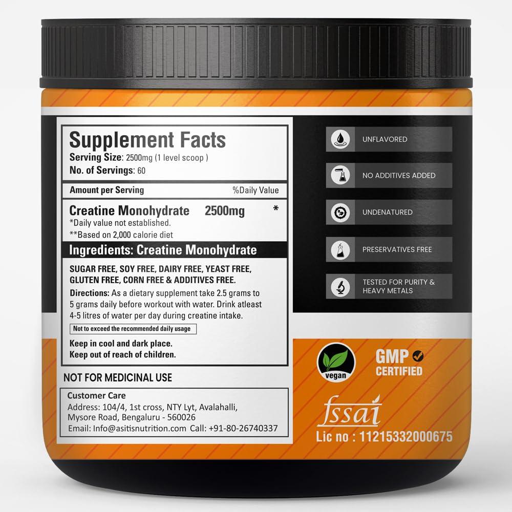 Asitis Nutrition AS-IT-IS Nutrition 100% Creatine Monohydrate, Pure 2.5g Micronized Powder with Rapid Dissolution & Absorption, USA Labdoor Certified for Accuracy & Purity, Supports Performance & Recovery- Unflavored, Single Ingredient- 150g (60 servings)