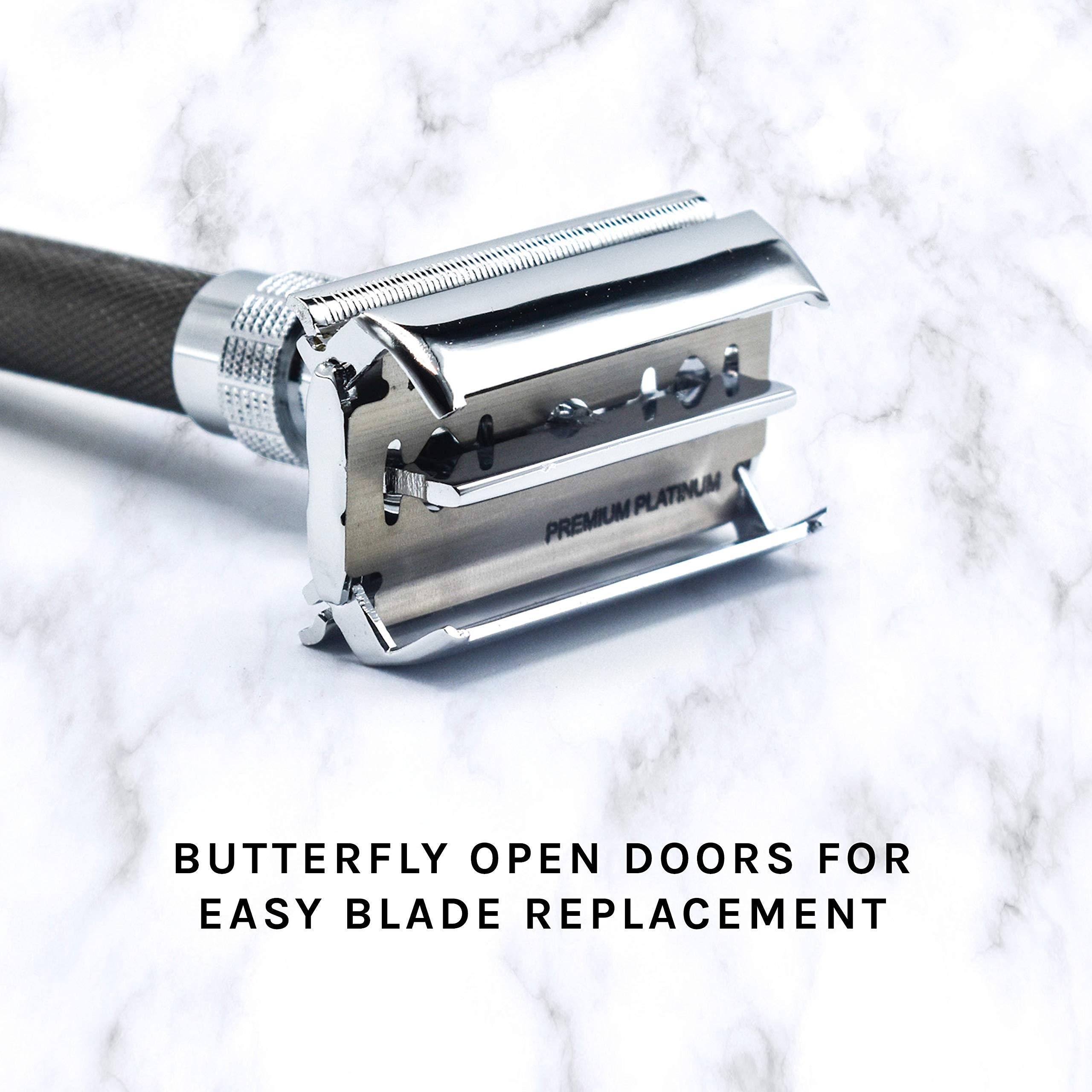 Parker Safety Razor PARKER Safety Razor - (96R) Long Handled Butterfly Open Safety Razor Includes with 5 Parker Premium Platinum Double Edge Razor Blades