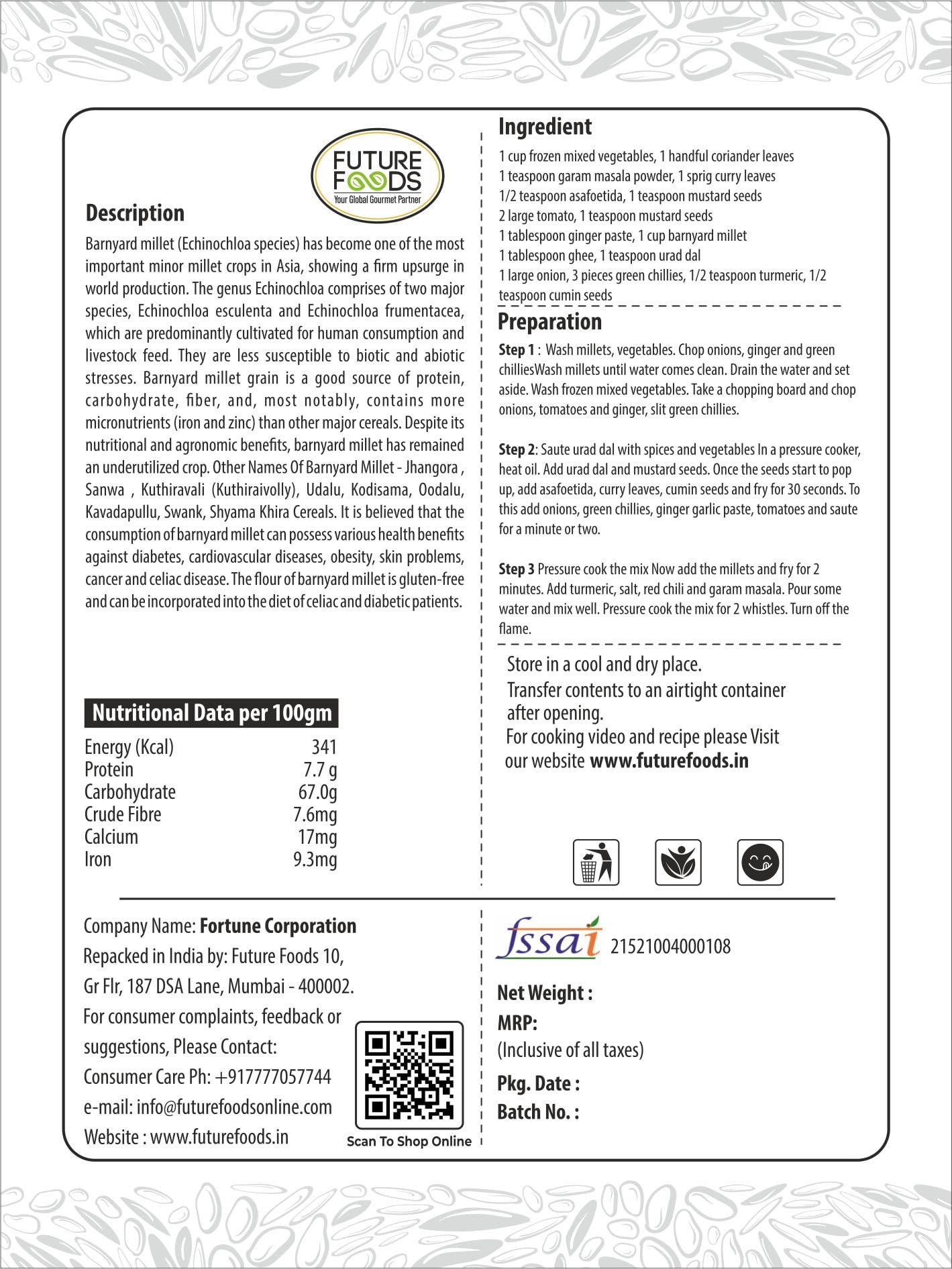 Future Foods Future Foods Premium Barnyard Millet | Jhangora/Sanwa | Gluten Free | Good Source of Protein & Fiber | With More Iron & Zinc Content | Ideal for Celiac & Diabetes Patients | 450g