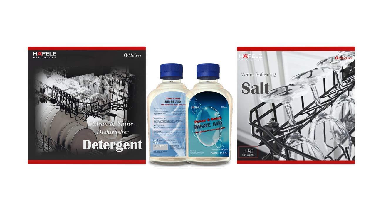 Hafele Hafele Dishwasher Additives Pack - Dishwashing Detergent 1kg (Pack of 3), Salt 1kg (Pack of 3) & Rinse Aid 500ml (Pack of 2)