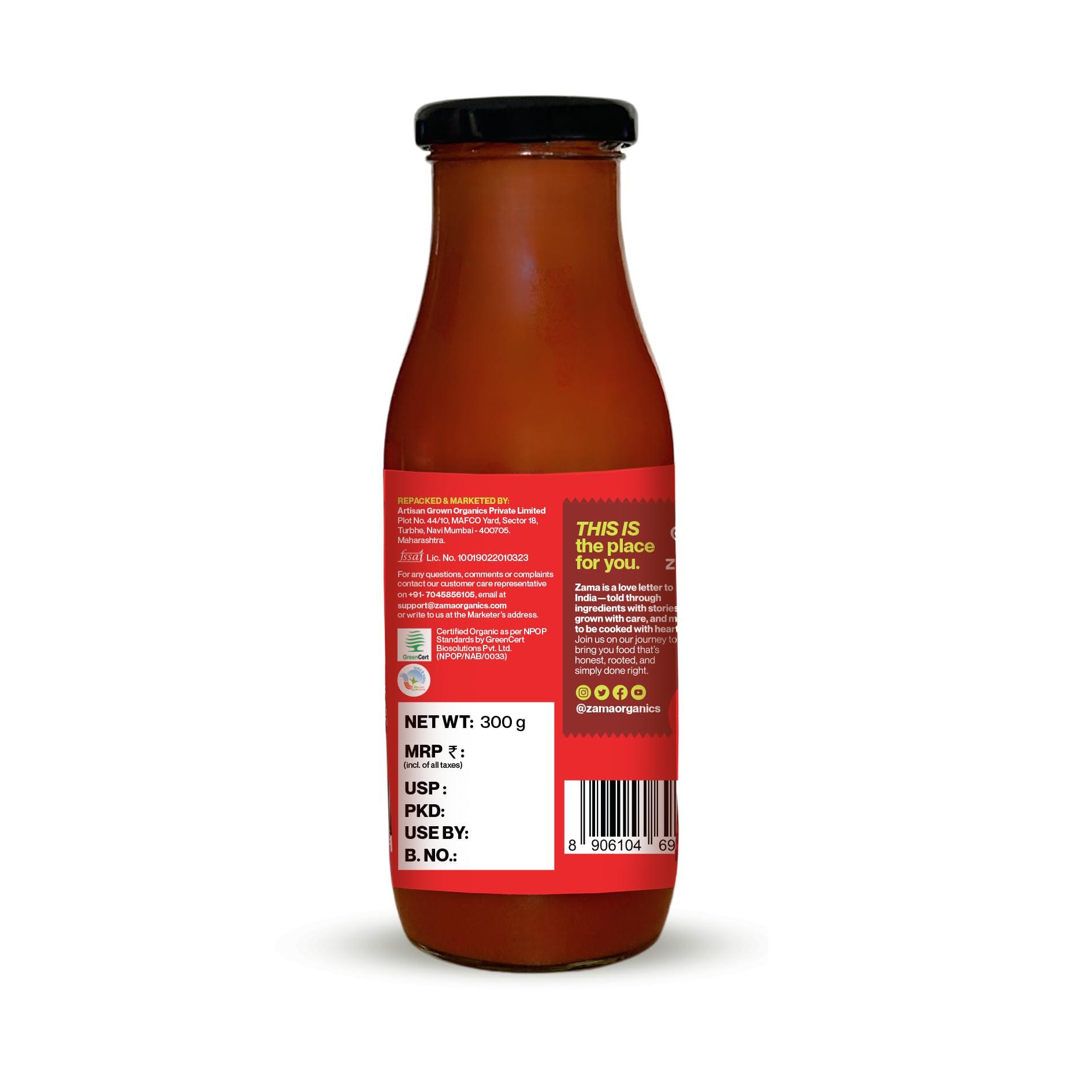 Zama Zama Organics Tomato Ketchup 300g Glass Bottle | Tomato Sauce | Organic ingredients | Organic Tomatoes | Tangy And Raw Flavour | Traditionally produced | No artificial Dyes and flavours