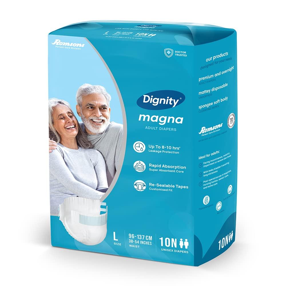 DIGNITY Dignity Magna Adult Diapers Tape Style - 60 Count (Large) with Extra Absorbent Core, Wetness Indicator, Waist Size 38\" - 54\", 10 Pcs/Pack (Pack of 6)