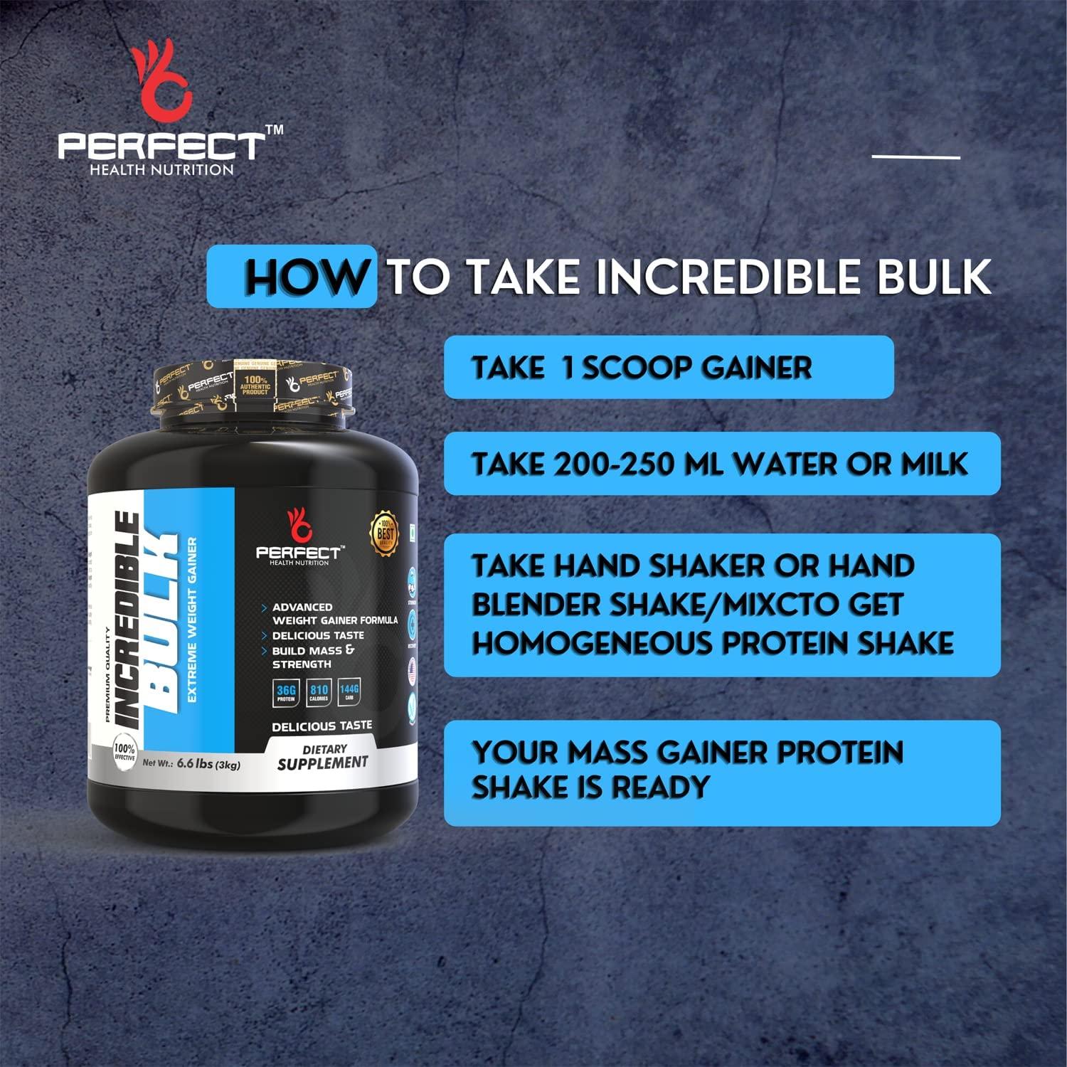 PERFECT HEALTH NUTRITION Perfect Health Nutrition Incredible Bulk Extreme Weight Gainer with Digestive Enzymes 810 Calories & 36 gm Protein Gain Strength & Size Weight Gainer (6.6 lb) New (Vanilla, 3 Kg)