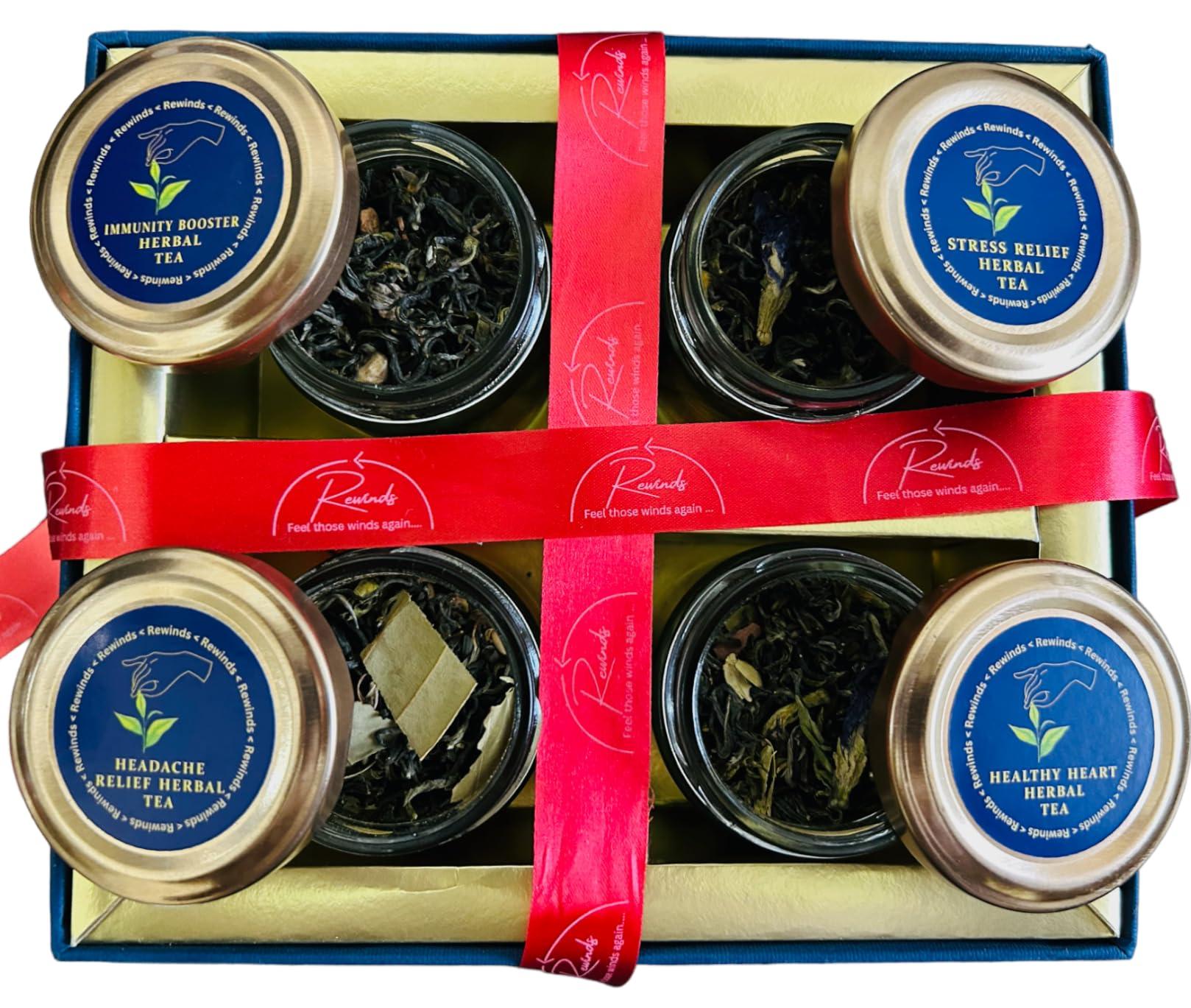 Rewinds Rewinds Assorted Green Tea Gift Hamper Set of 4 Teas Chai | Immunity Booster | Healthy Heart | Headache Relief | Stress Relief | Free Jute Bag and 4 Reusable Glass Jars | Ideal Gift for Diwali, Birthday, Anniversary, Tea Lovers