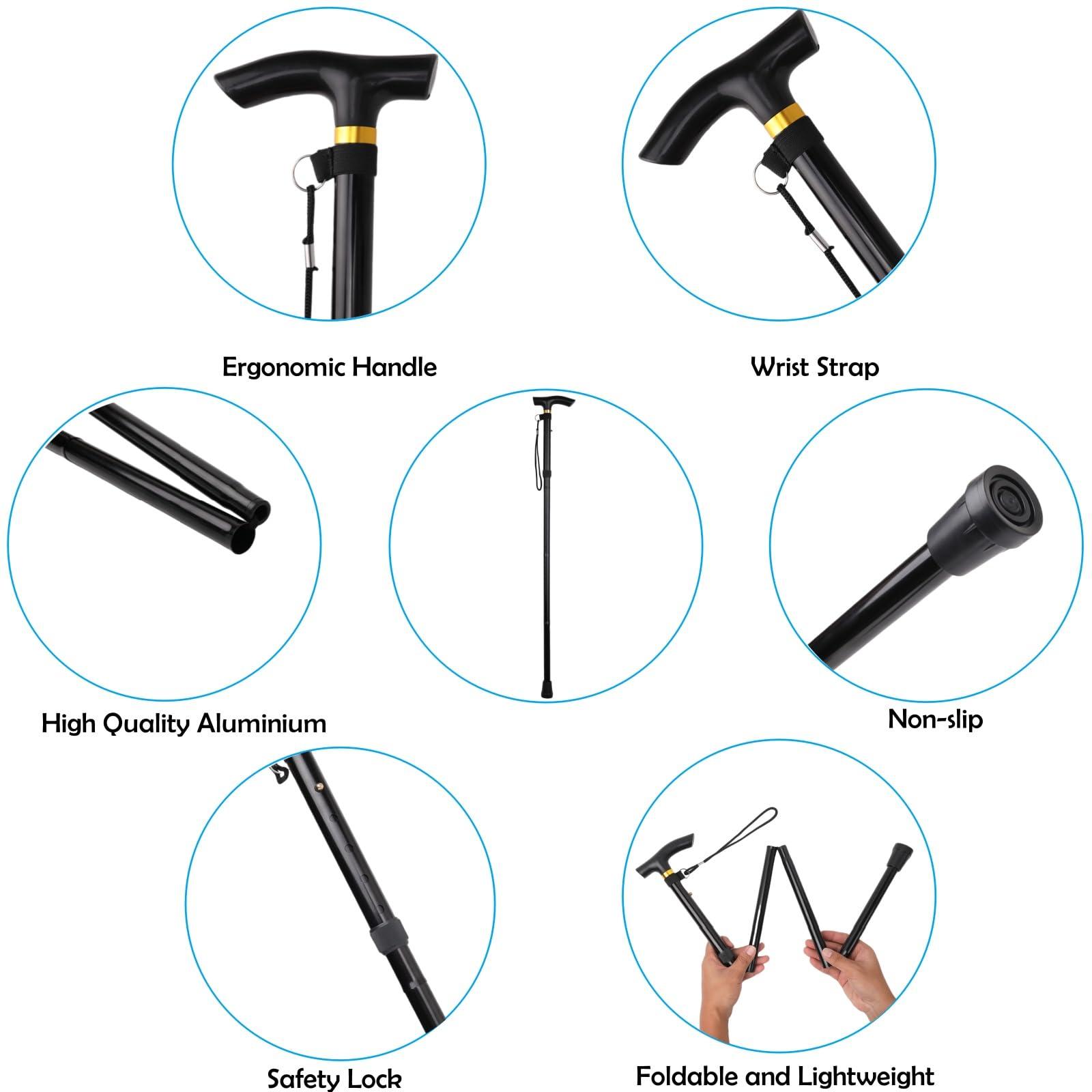 COMFKEY Comfkey Folding Lightweight Walking Stick - Adjustable Aluminum Metal Collapsible Travel Cane with Non-Slip Rubber Base (Black)