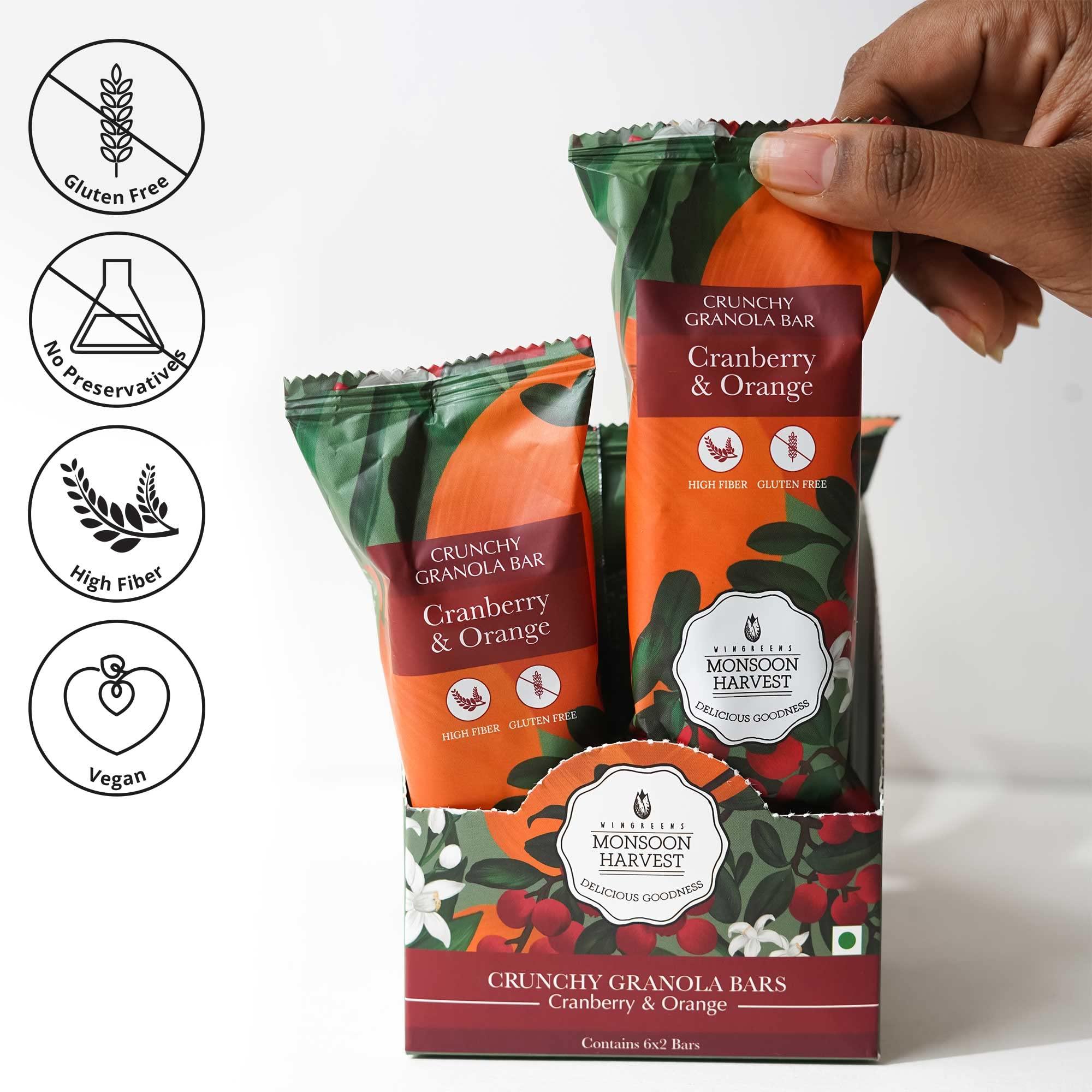 MONSOON HARVEST MONSOON HARVEST Wingreens Crunchy Millet Granola Bars - Cranberry & Orange - Pack of 6, Healthy Vegan Breakfast Energy Bars, Gluten Free, High Fiber, (40 Grams Each), with Rolled Oats