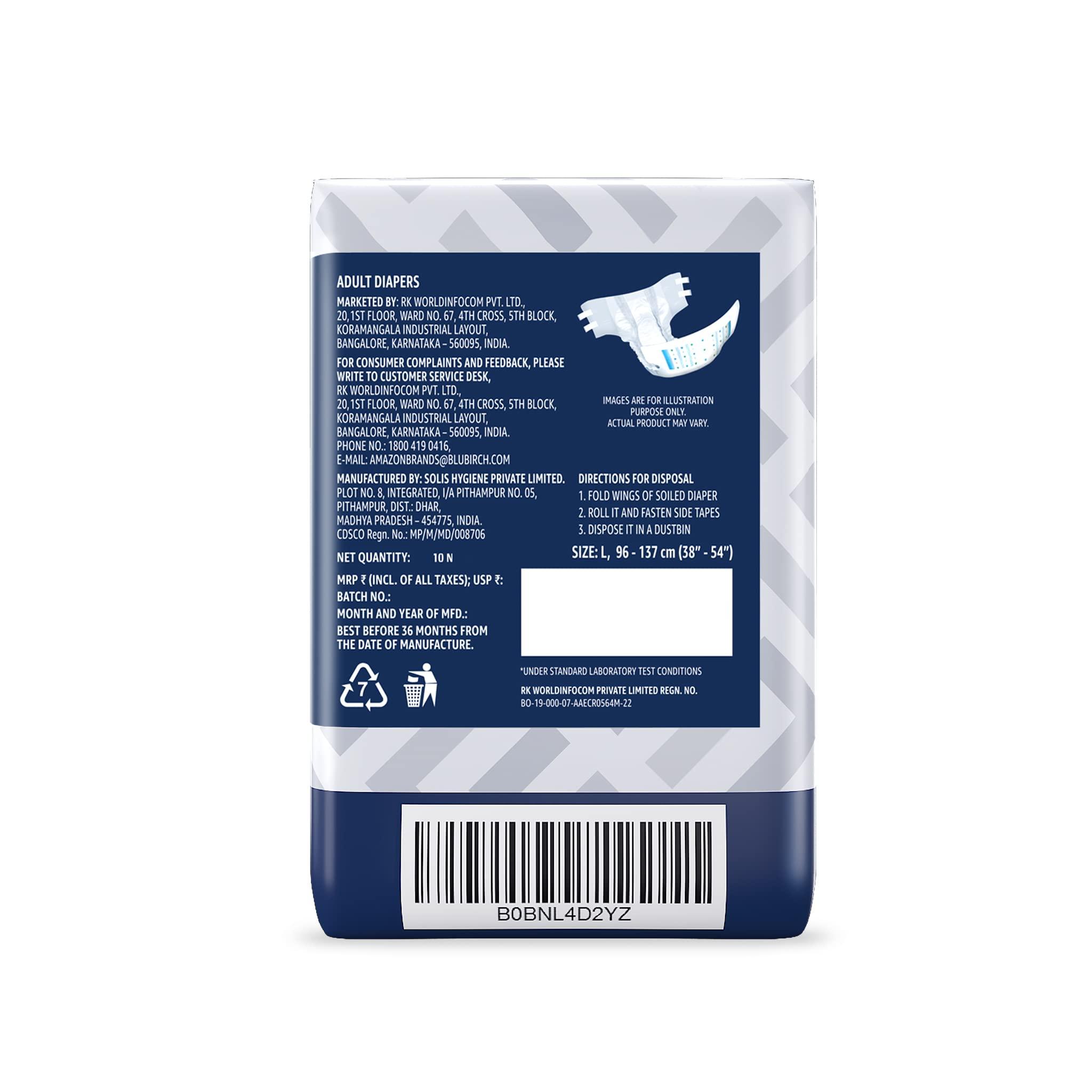 Amazon Brand - Solimo Amazon Brand - Solimo Adult Diapers, Tape Style | Pack of 10 | Large Size | Waist 38-54 in (96-137 cm) | Unisex | Quick Absorption | Leak Proof Upto 12 Hours | Wetness Indicator | For Men & Women