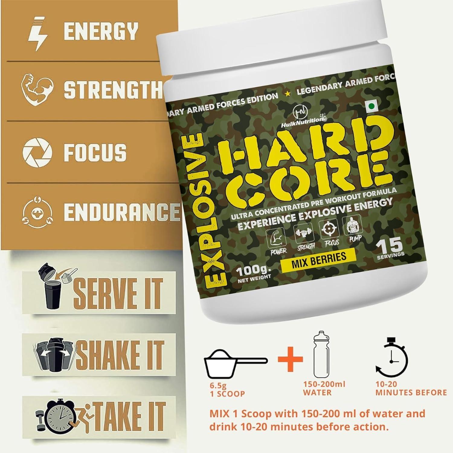 HulkNutrition Hulk Nutrition Hardcore Pre-Workout Supplement, Energy Drink with Creatine Monohydrate, Arginine AAKG, Beta-Alanine, Explosive Muscle Pump, Caffeinated Punch - For Men & Women [15 Servings, Mix Berries] Free Gallon Shaker Bottle